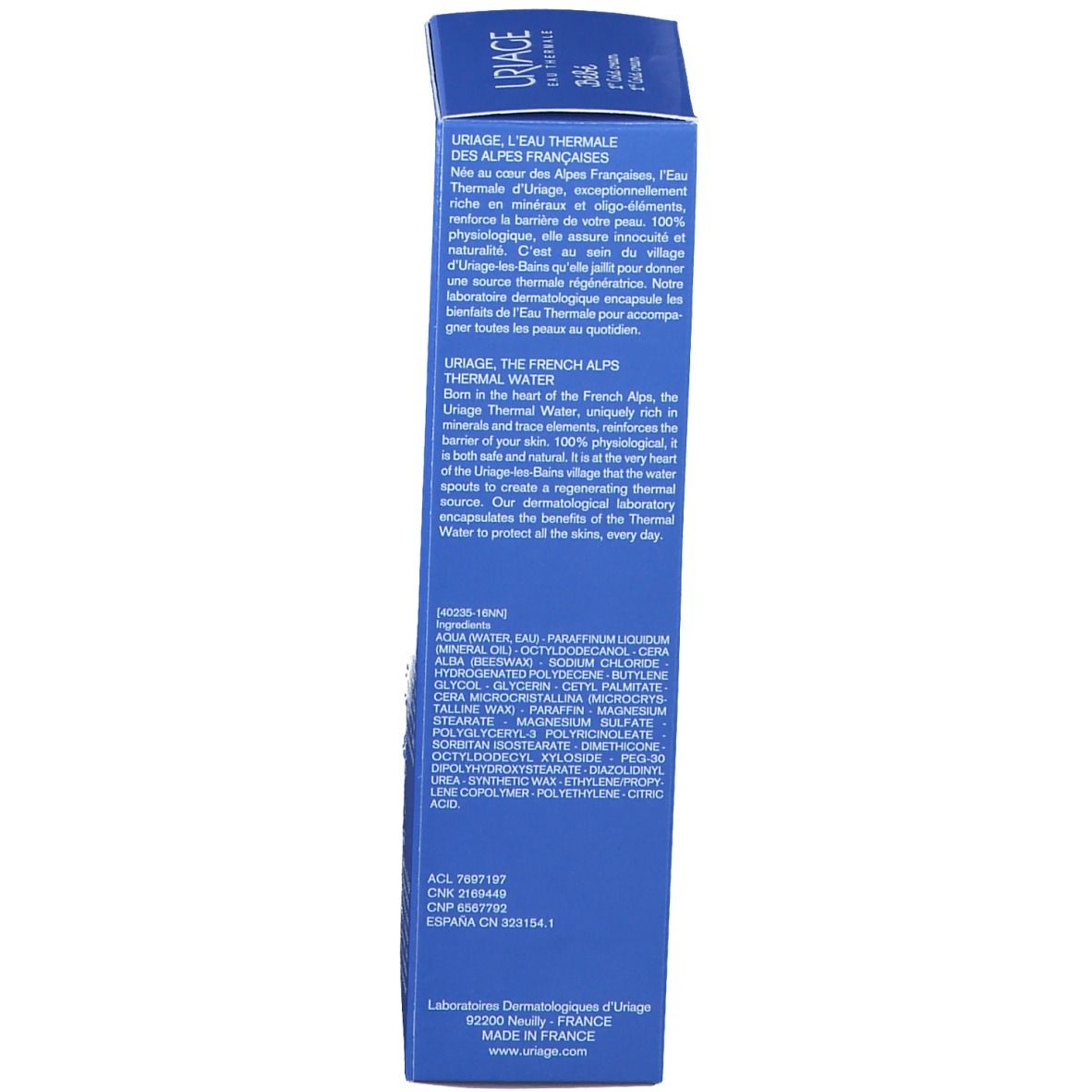Retro della confezione. Testo multilingue, tra cui informazioni sull'acqua termale URIAGE e gli ingredienti.
