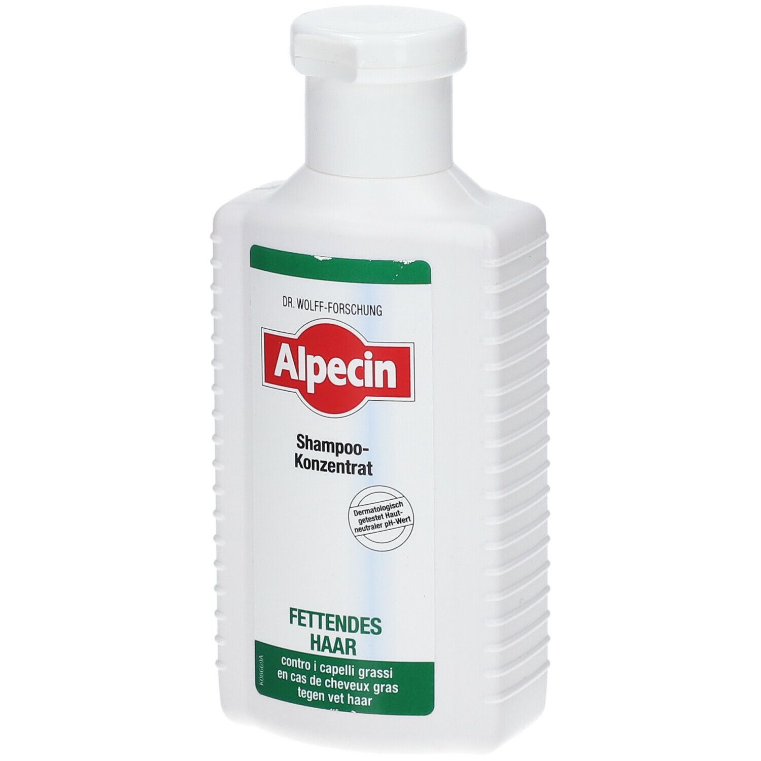 Flacone bianco con etichetta verde e rossa. Scritta: Alpecin Shampoo concentrato per capelli grassi.