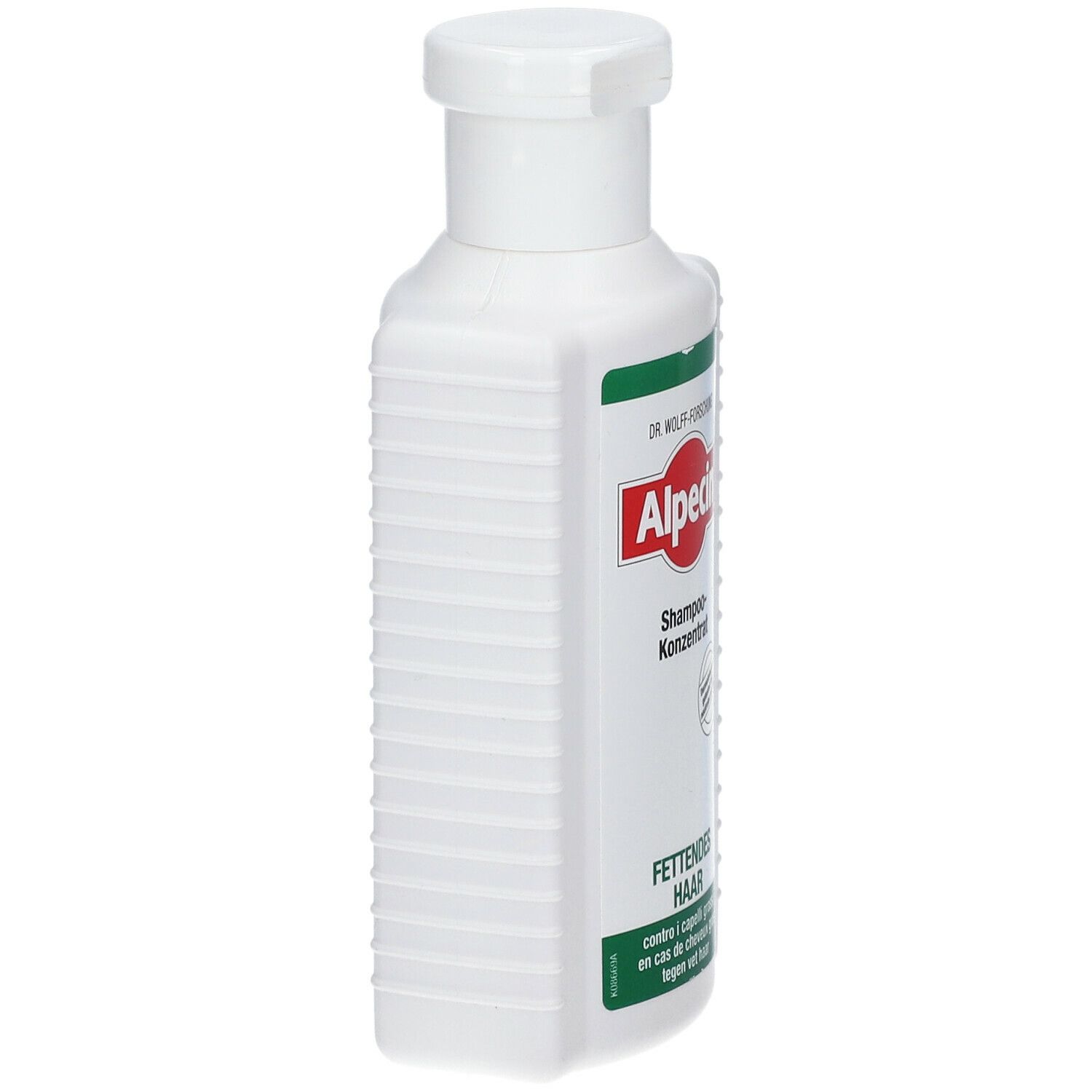Flacone bianco, vista laterale. Etichetta verde e rossa con scritta: Alpecin Shampoo concentrato.
