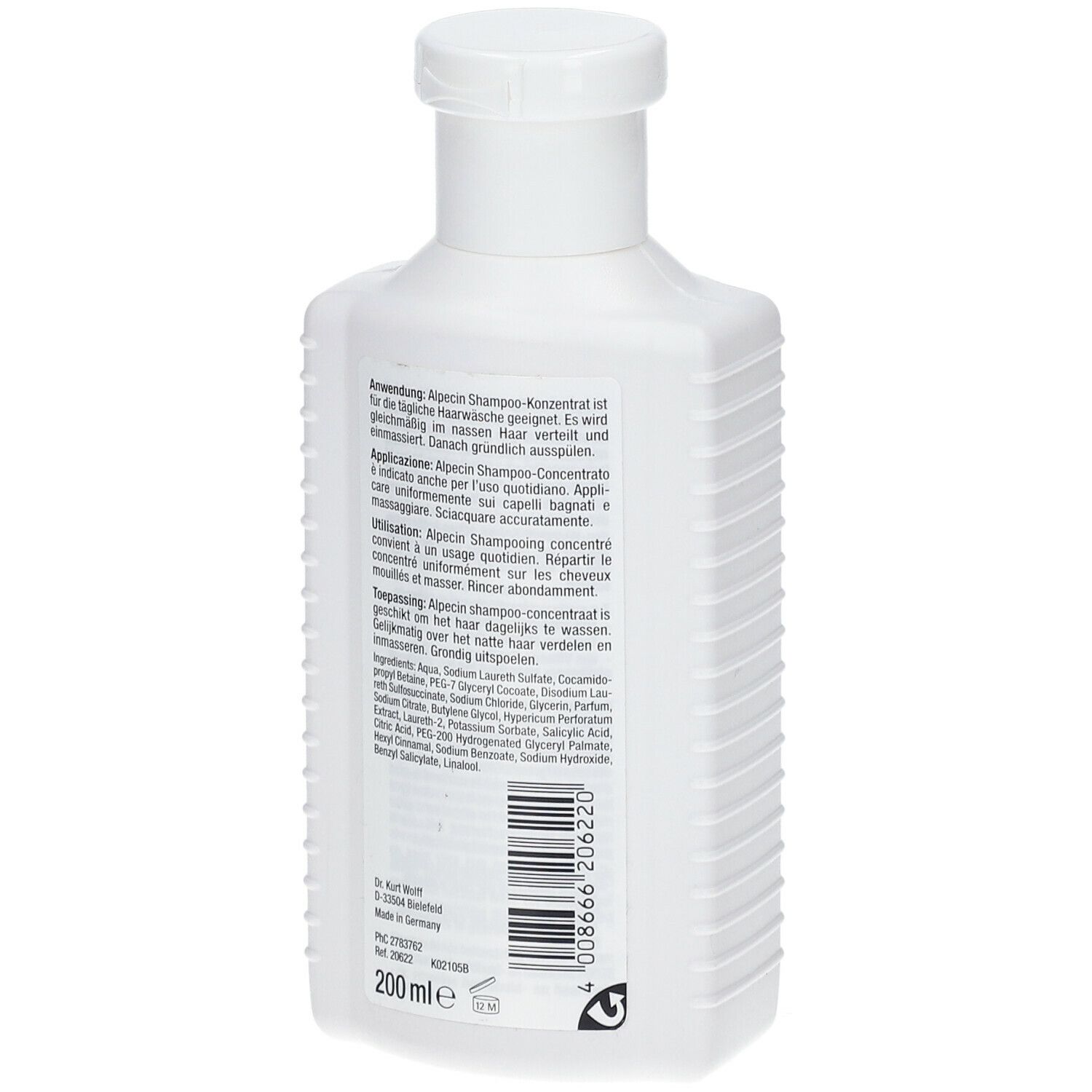Retro del flacone bianco. Testo con informazioni sull'uso e sugli ingredienti. 200 ml.