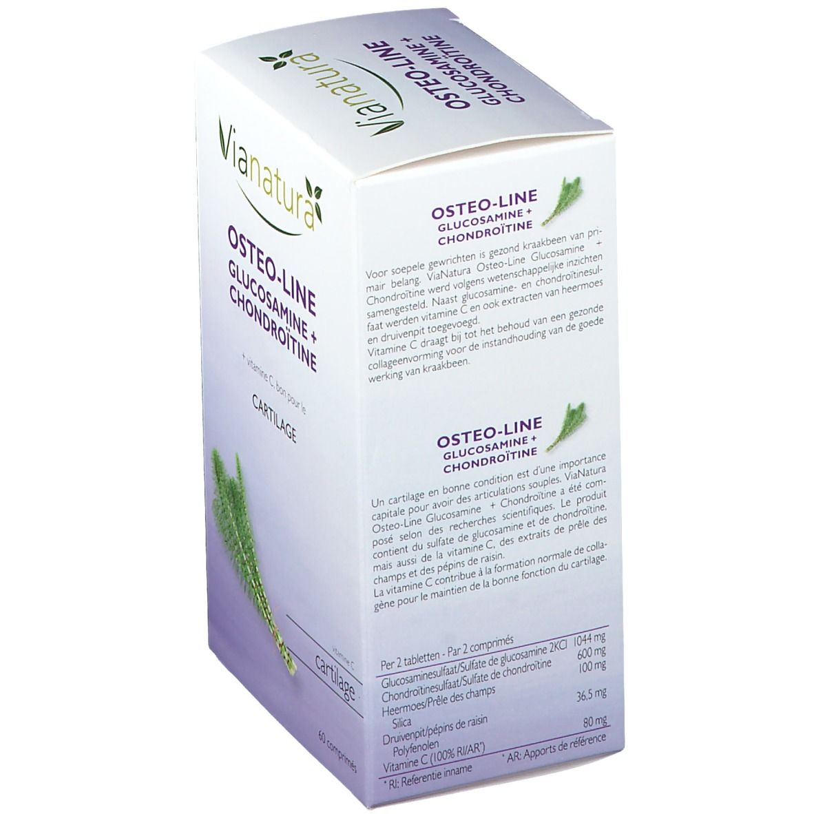 Retro della scatola bianca. Informazioni su Osteo-Line, ingredienti e uso. Contiene glucosamina e condroitina. Immagine di una pianta.