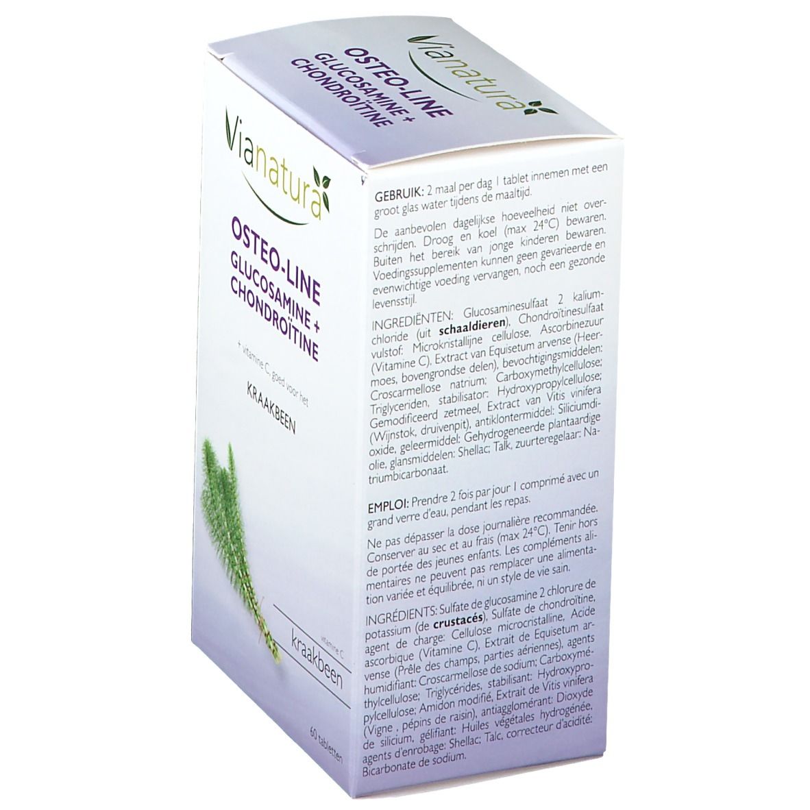 Retro della scatola bianca. Informazioni su Osteo-Line, ingredienti e uso. Contiene glucosamina e condroitina. Immagine di una pianta.