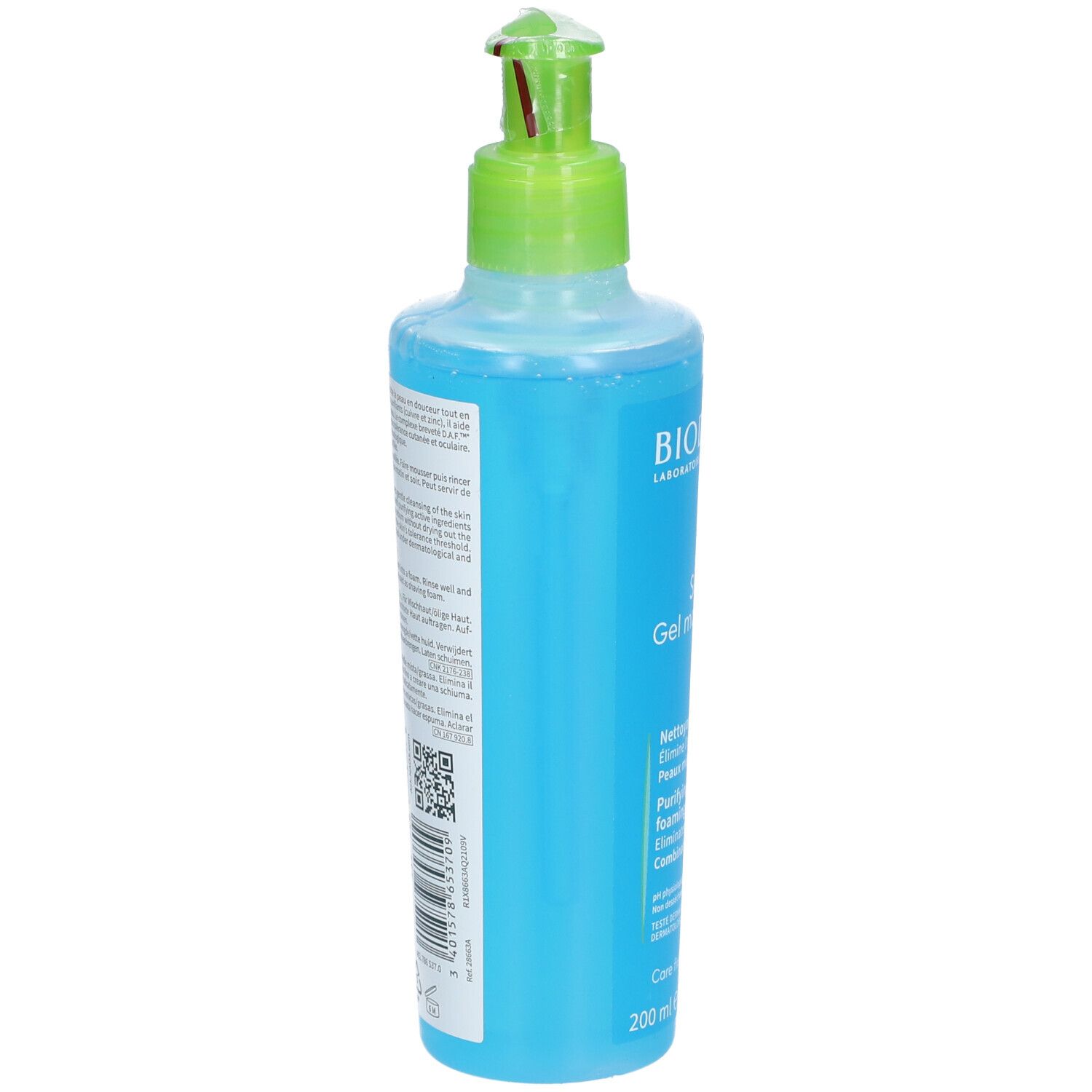 Flacone blu con erogatore verde. Testo e codice QR sul lato. Nome del prodotto: BIODERMA Sébium Gel moussant.