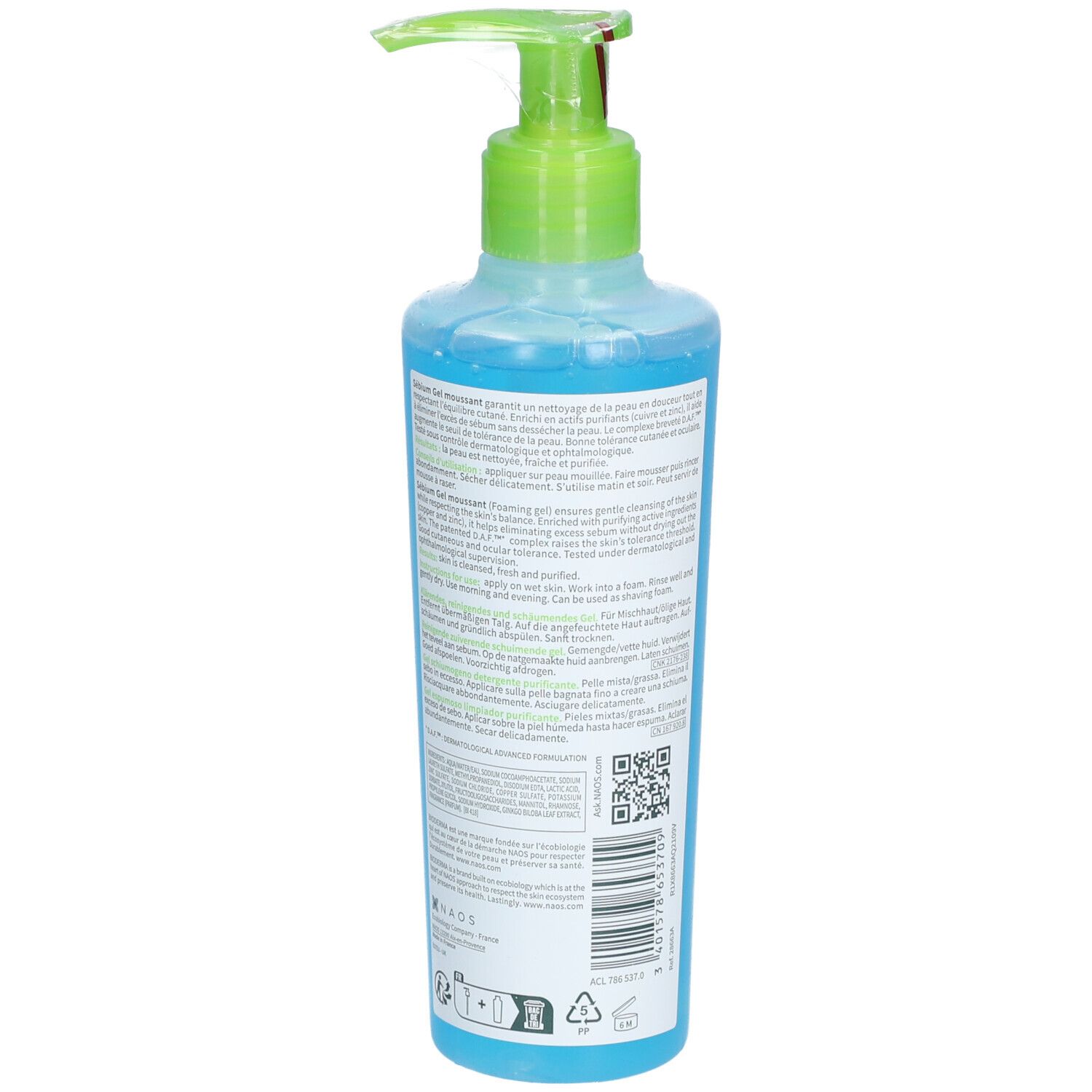 Retro del flacone blu con erogatore verde. Testo multilingue e codice QR. Nome del prodotto: BIODERMA Sébium Gel moussant.