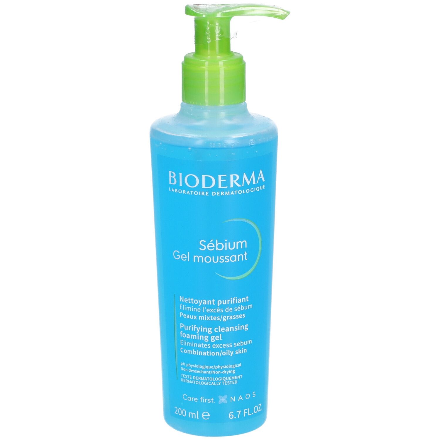 Flacone blu trasparente con erogatore verde. Scritta: BIODERMA, Sébium Gel moussant. Testo in francese e inglese. 200 ml.