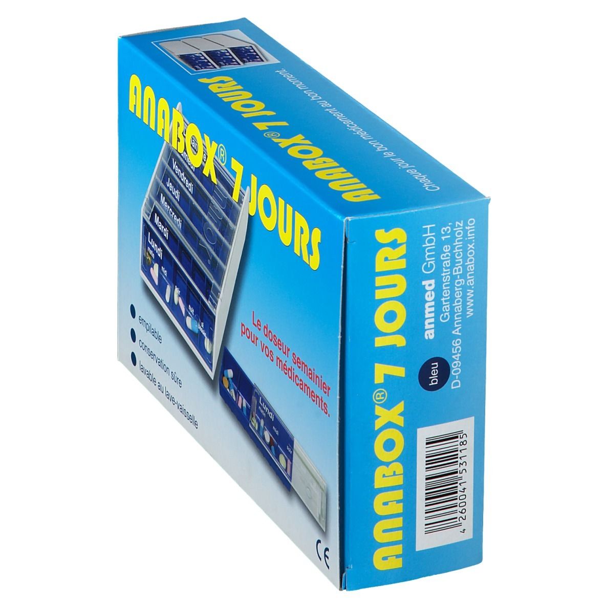 Confezione blu ANABOX® 7 JOURS. Giorni della settimana e loghi stampati. Codice a barre e informazioni di contatto.