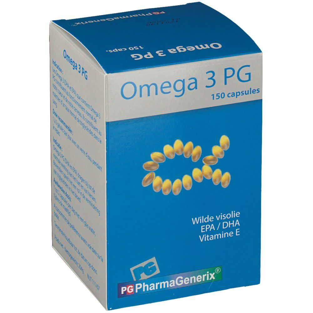 Scatola blu e bianca con "Omega 3 PG" e "150 capsules". Capsule gialle a forma di alfa. Logo "PG PharmaGenerix".