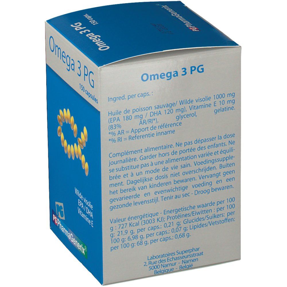 Retro della scatola "Omega 3 PG". Testo sugli ingredienti, valori nutrizionali e produttore. Capsule gialle a forma di alfa.