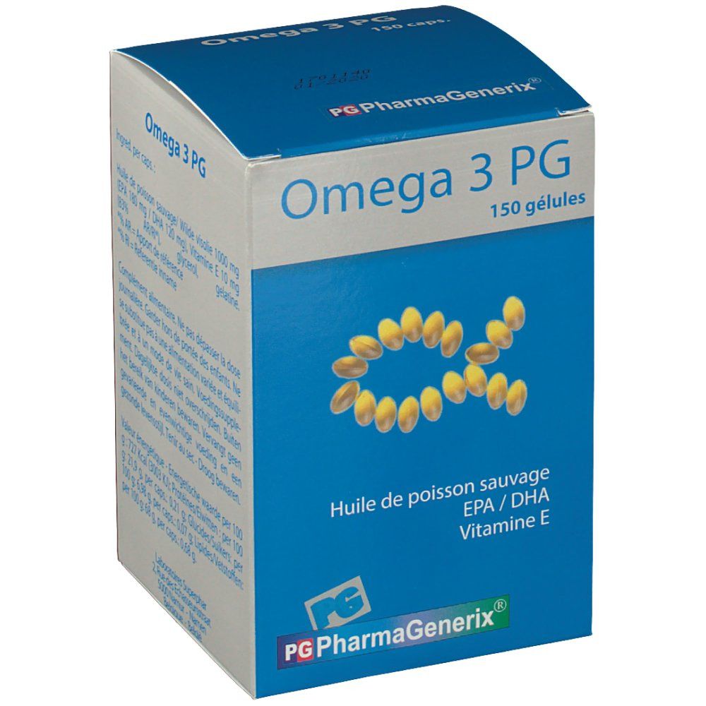 Scatola "Omega 3 PG" con "150 gélules". Capsule gialle a forma di alfa. Logo "PG PharmaGenerix".