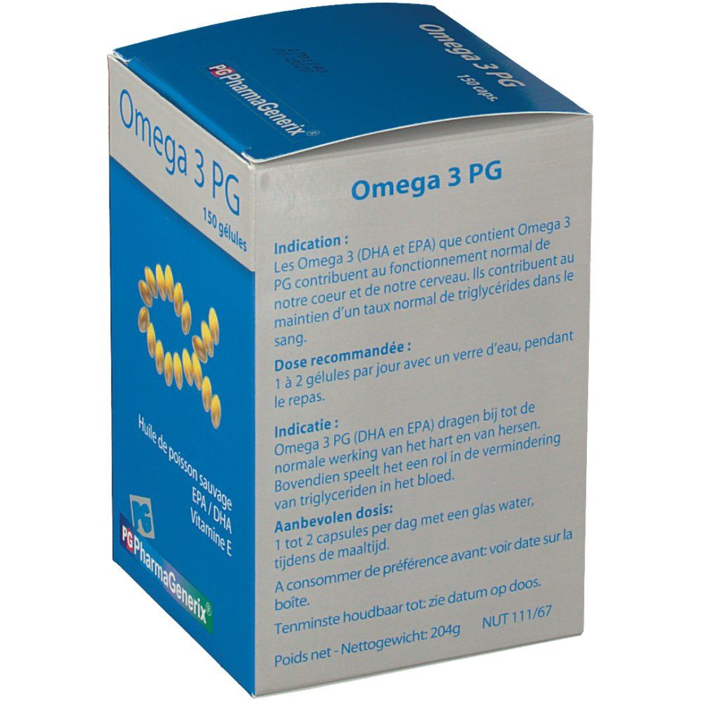Retro della scatola "Omega 3 PG". Testo sull'uso e il dosaggio. Capsule gialle a forma di alfa. Logo "PG PharmaGenerix".
