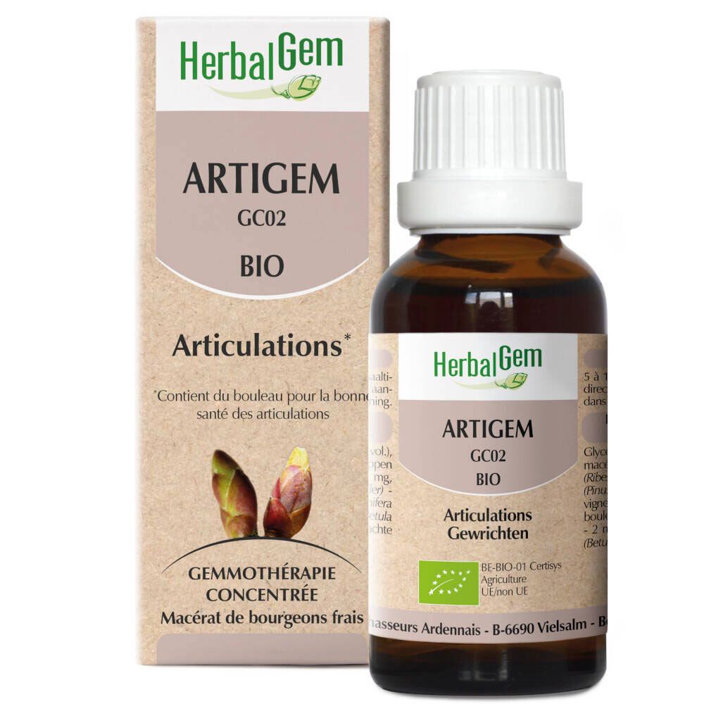 Flacone di vetro marrone con tappo bianco e scatola. Scritta: Artigem GC02 BIO, Articulations. Con marchio bio.