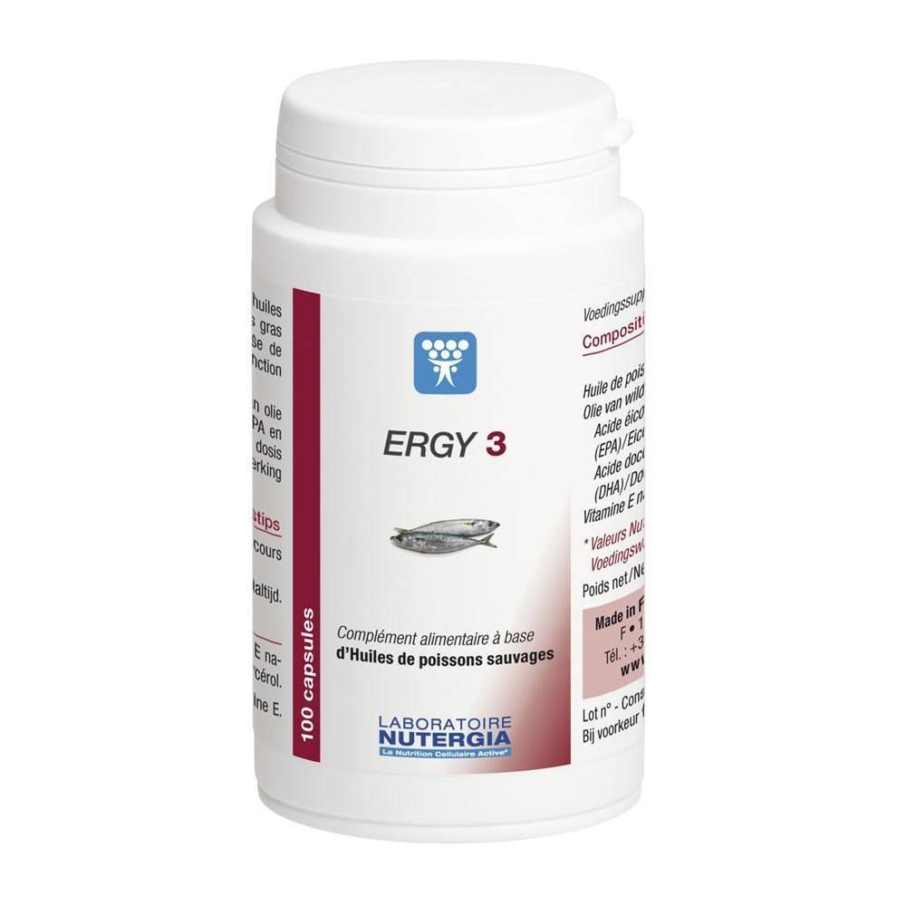 Flacone bianco con logo "Ergy 3" e pesce. Striscia rossa con testo. 100 capsule.