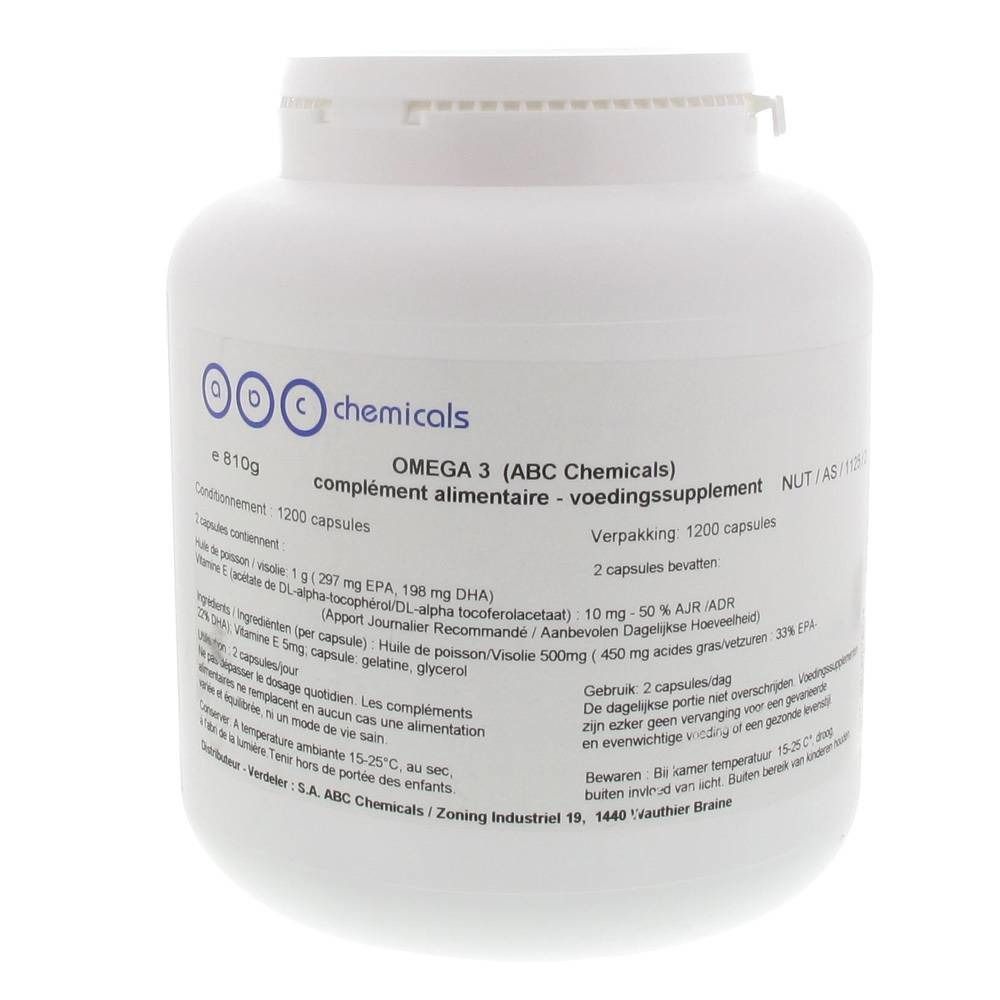 Flacone bianco di integratore Omega 3 (ABC Chemicals). Contiene 1200 capsule. Scritte multilingue.