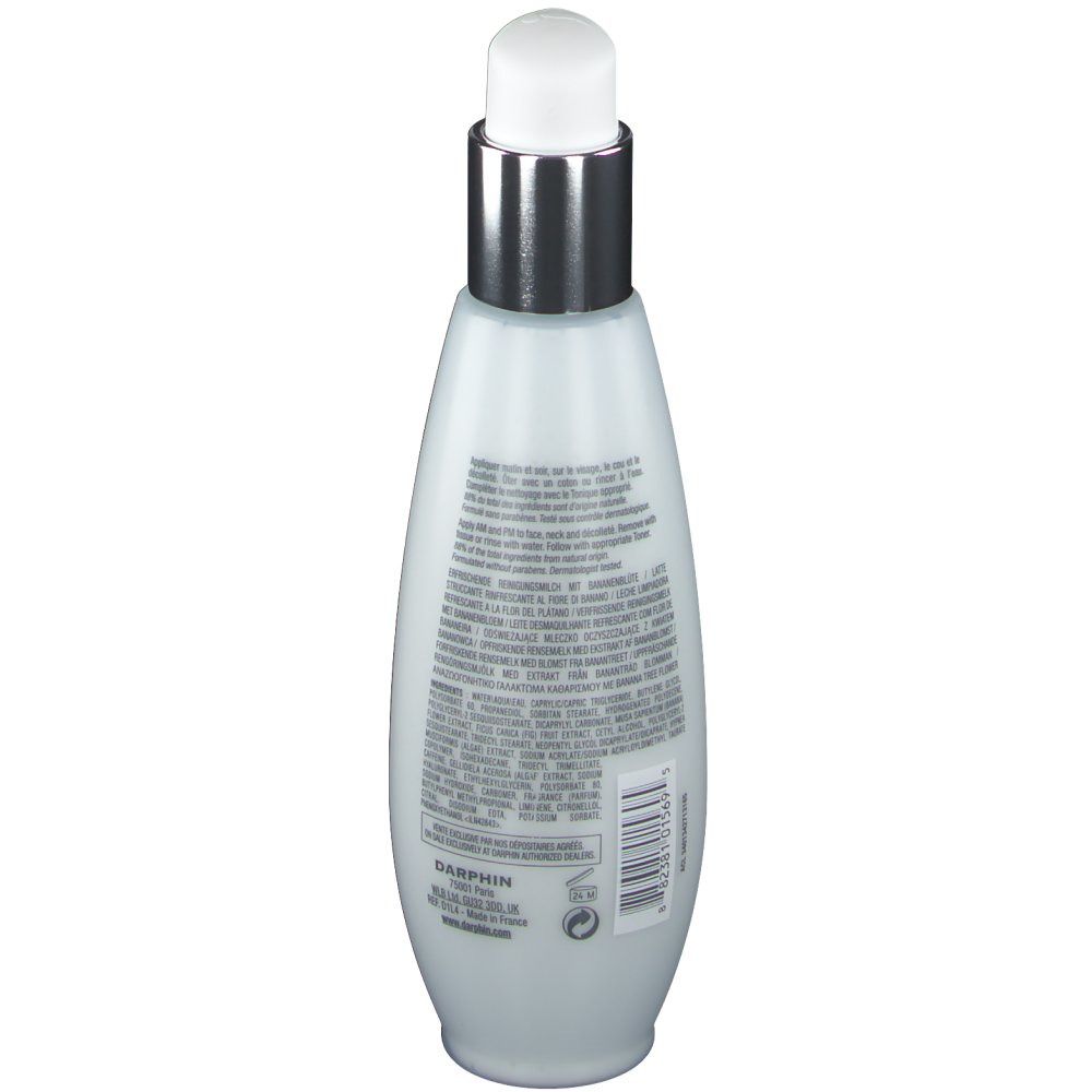 Flacone bianco con erogatore argentato. Retro con testo e codice a barre.