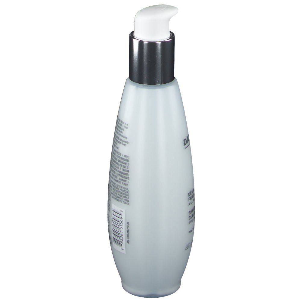 Flacone bianco con erogatore argentato, vista laterale. Testo e codice a barre.