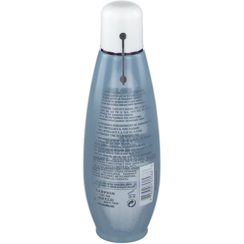 Vista posteriore di un flacone blu trasparente con tappo bianco. Testo e codice a barre sul flacone.