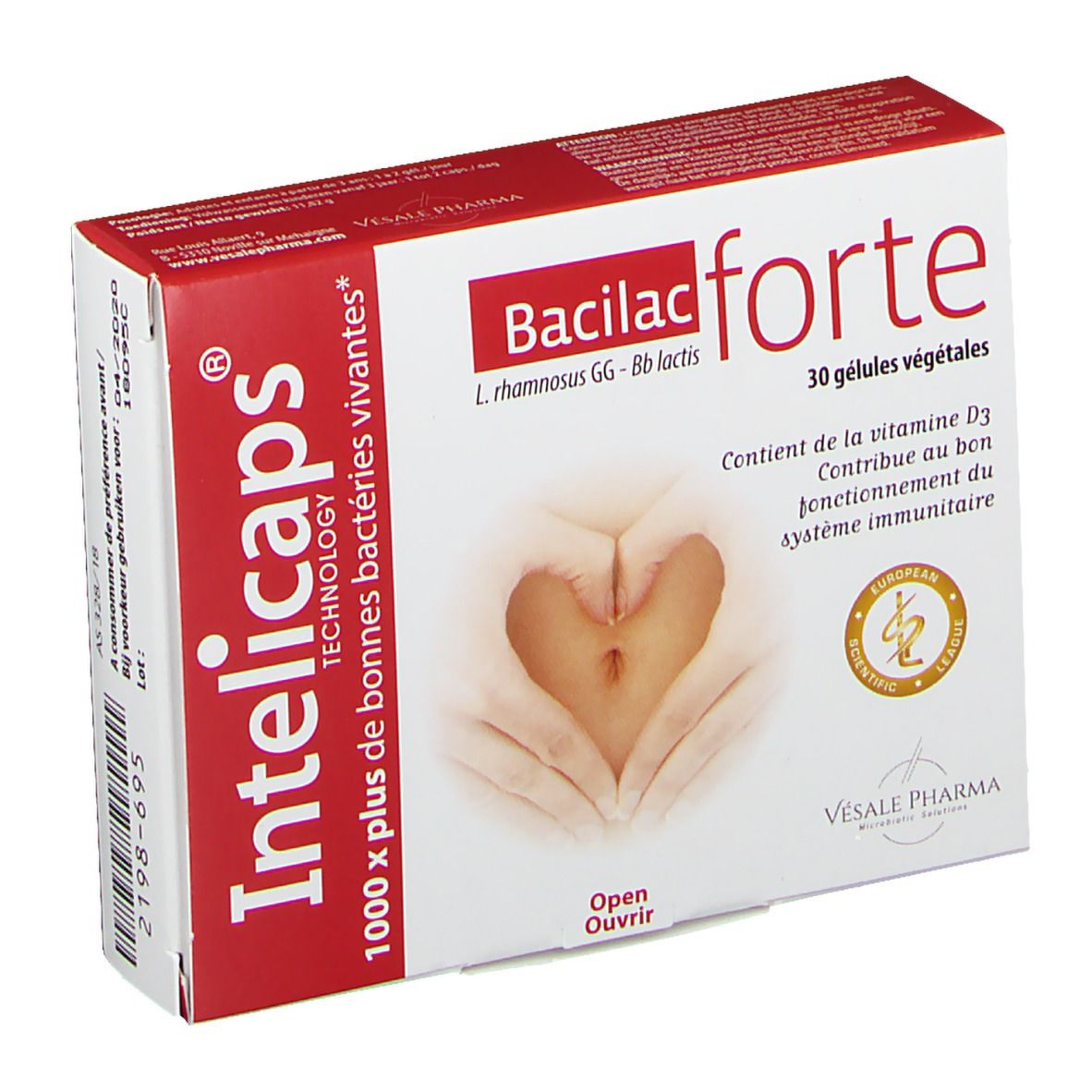 Confezione di Intelicaps Bacilac forte. Scatola rossa e bianca con nome e logo del prodotto. Contiene 30 capsule vegetali.