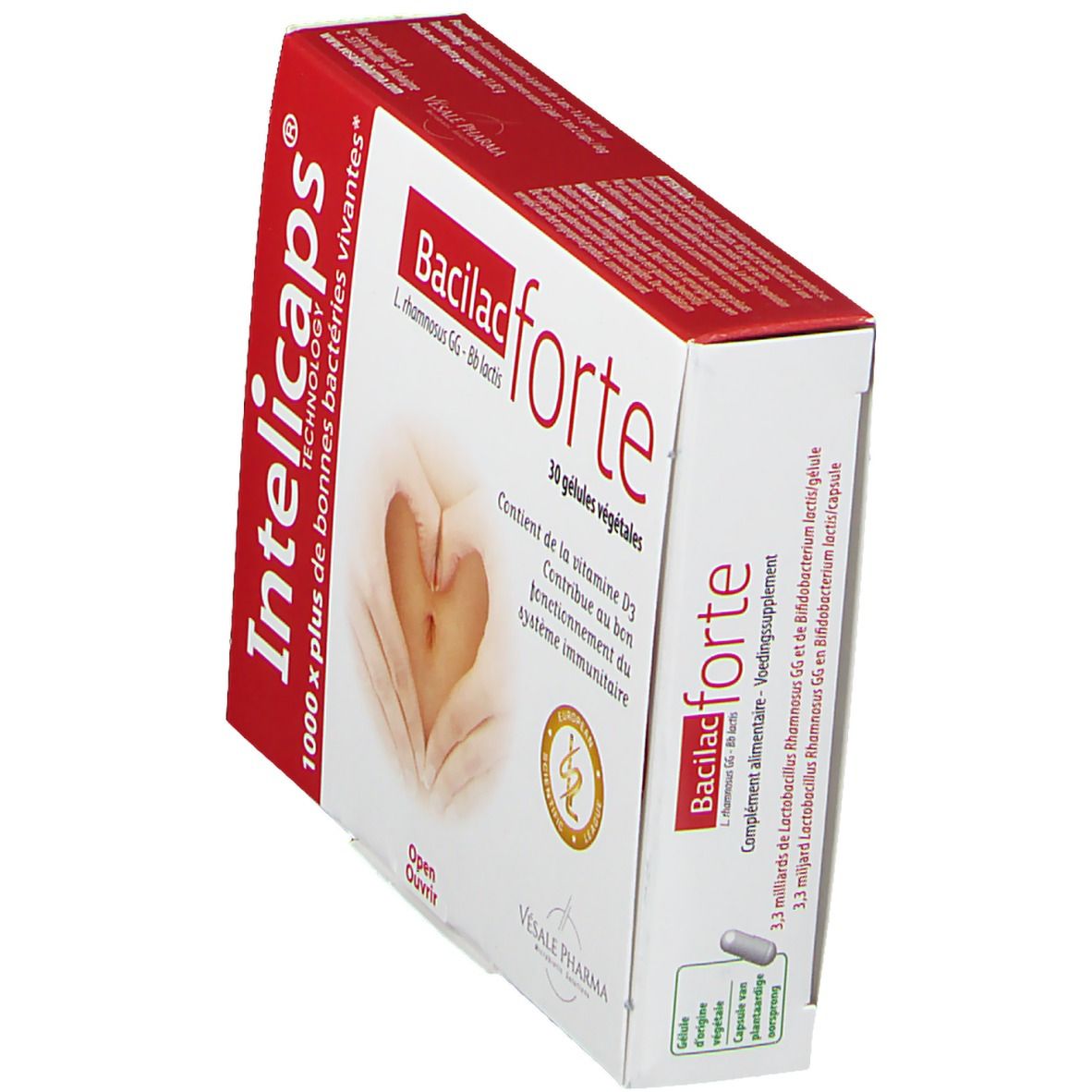 Confezione angolata di Intelicaps Bacilac forte. Scatola rossa e bianca con nome e logo del prodotto. 30 capsule.