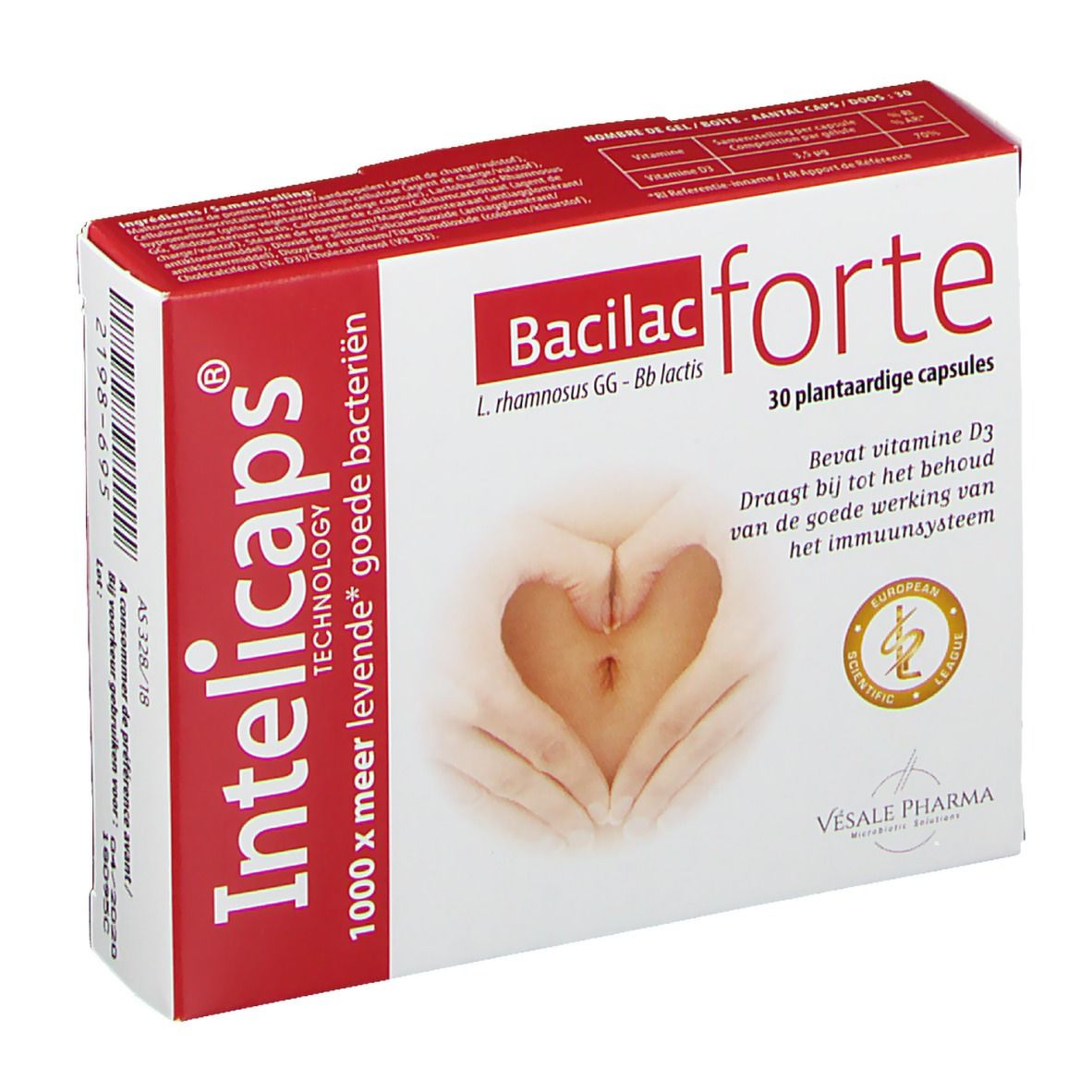 Confezione di Intelicaps Bacilac forte. Scatola rossa e bianca con nome e logo del prodotto. Contiene 30 capsule vegetali.