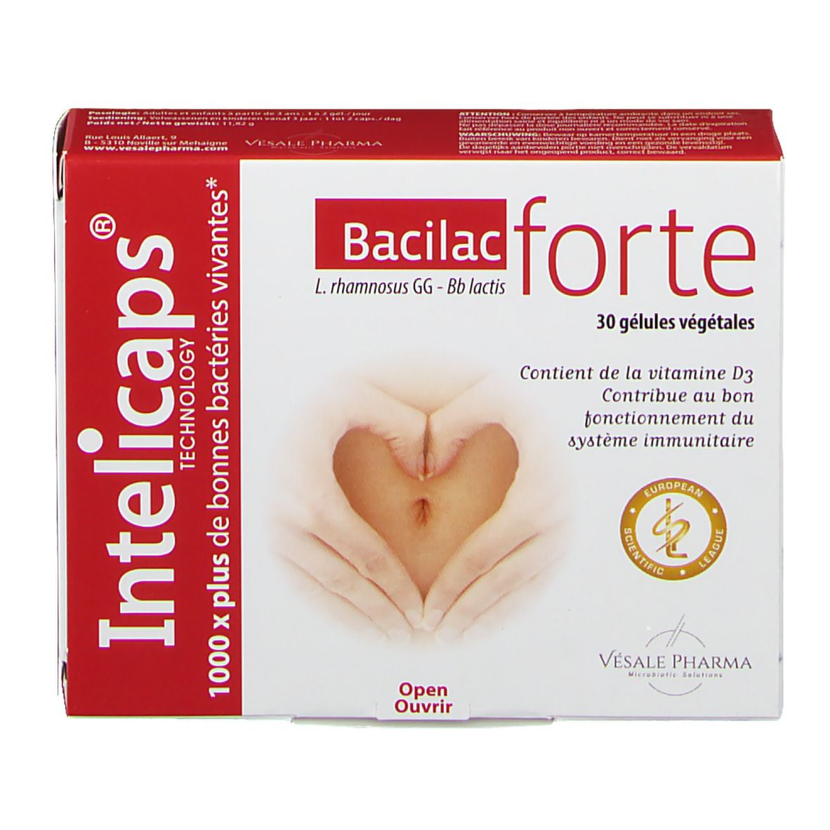 Confezione di Intelicaps Bacilac forte. Scatola rossa e bianca con nome e logo del prodotto. Contiene 30 capsule vegetali.