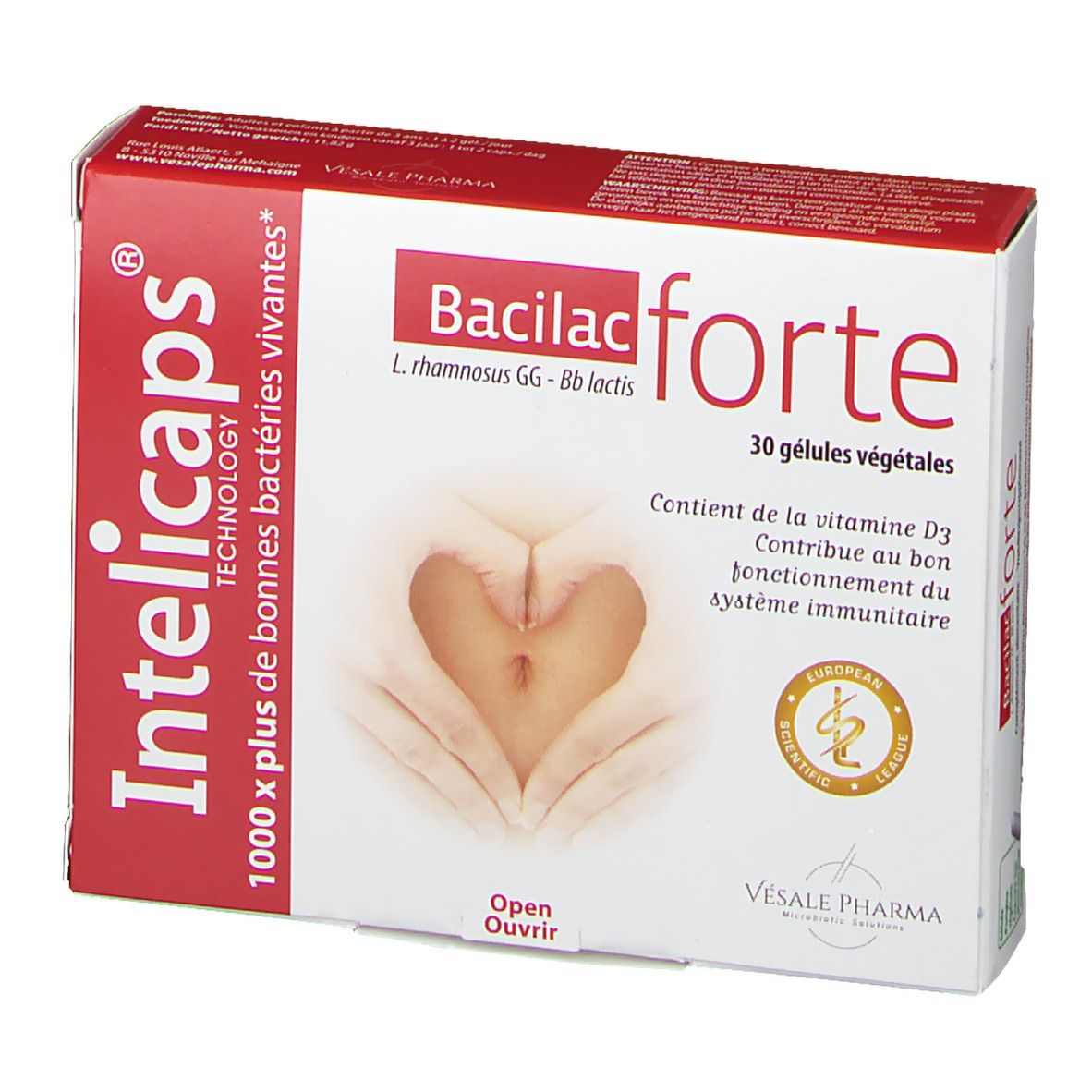 Confezione di Intelicaps Bacilac forte. Scatola rossa e bianca con nome e logo del prodotto. Contiene 30 capsule vegetali.