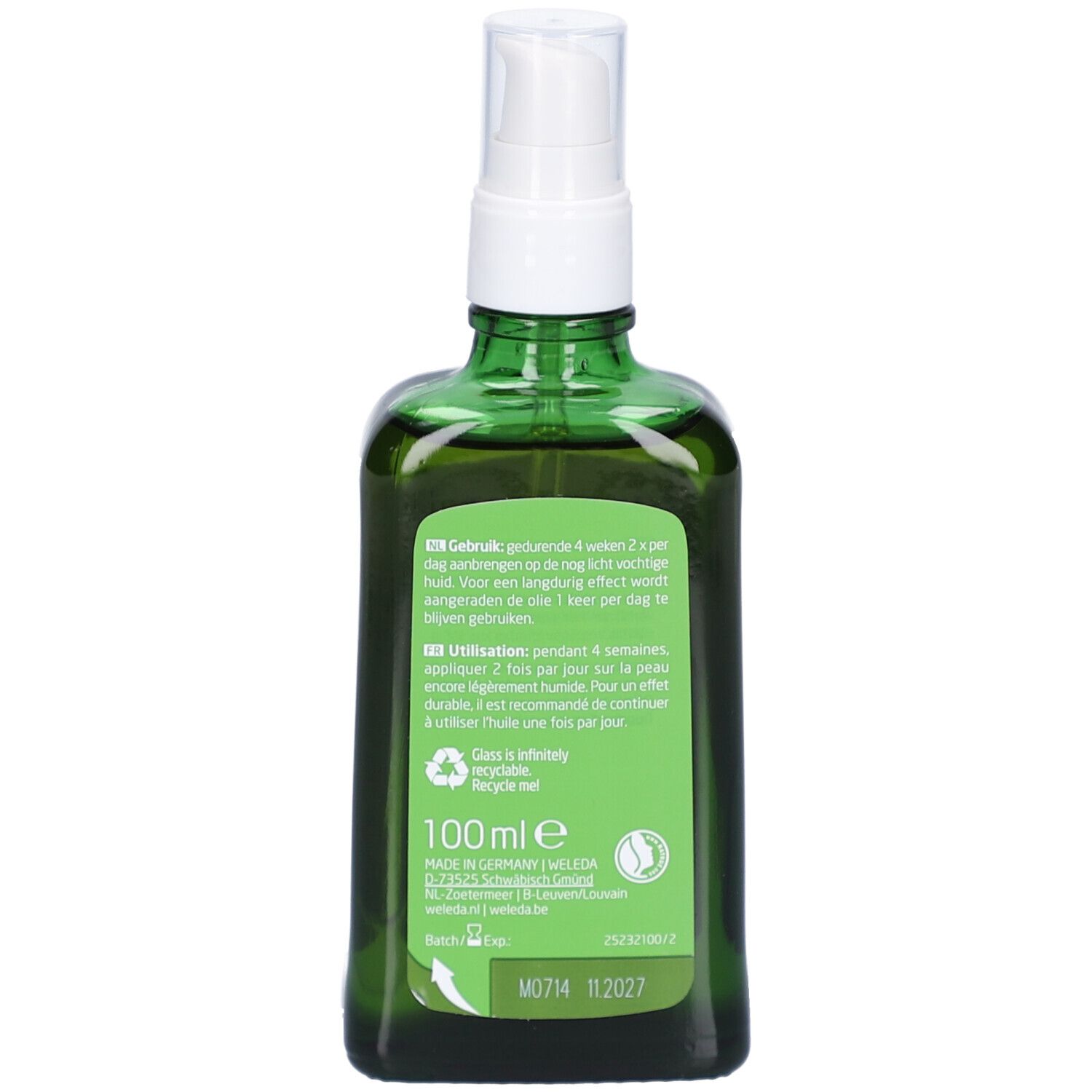 Retro del flacone di vetro verde. Testo in olandese. 100ml. Simbolo di riciclaggio. Numero di lotto.