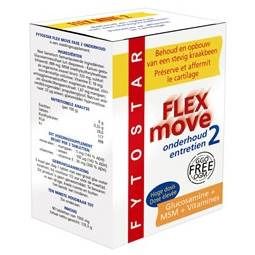 Scatola bianca con testo rosso e giallo. Scritto: FLEX move 2, FYTOSTAR, Glucosamina, MSM, Vitamine.