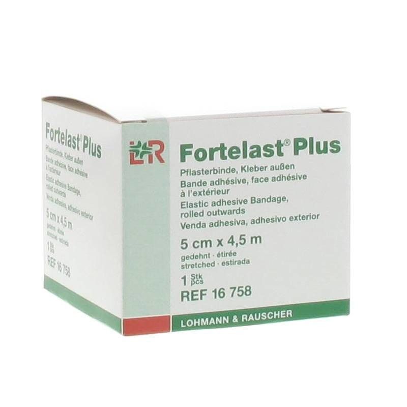 Confezione di Fortelast® Plus. Benda adesiva elastica, 5 cm x 4,5 m. Testo in tedesco, francese, italiano e spagnolo. Marchio L&R.