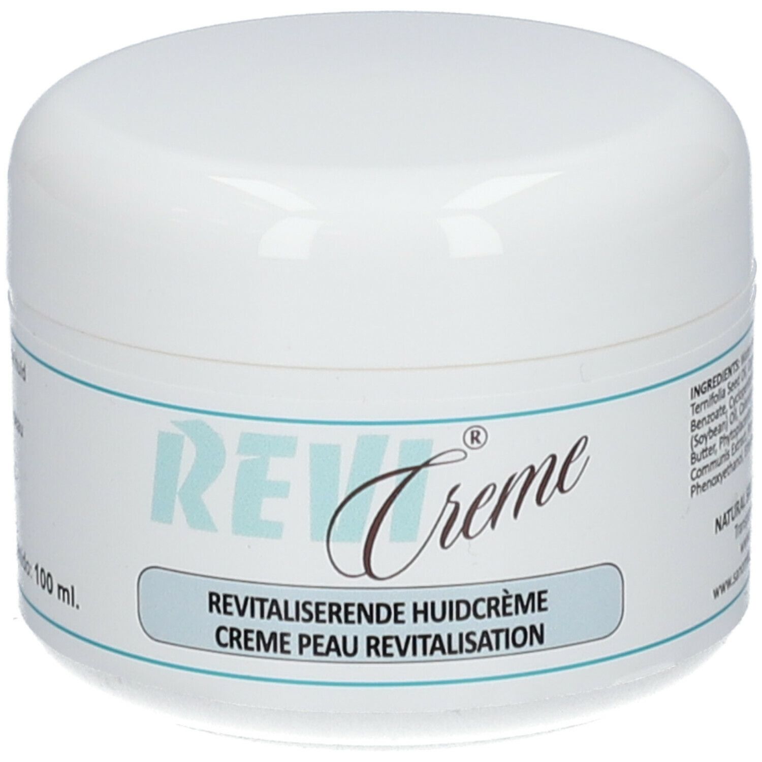 Vasetto di crema bianco con etichetta blu. Scritta: REVI Creme, crema rivitalizzante per la pelle. Contenuto: 100 ml.