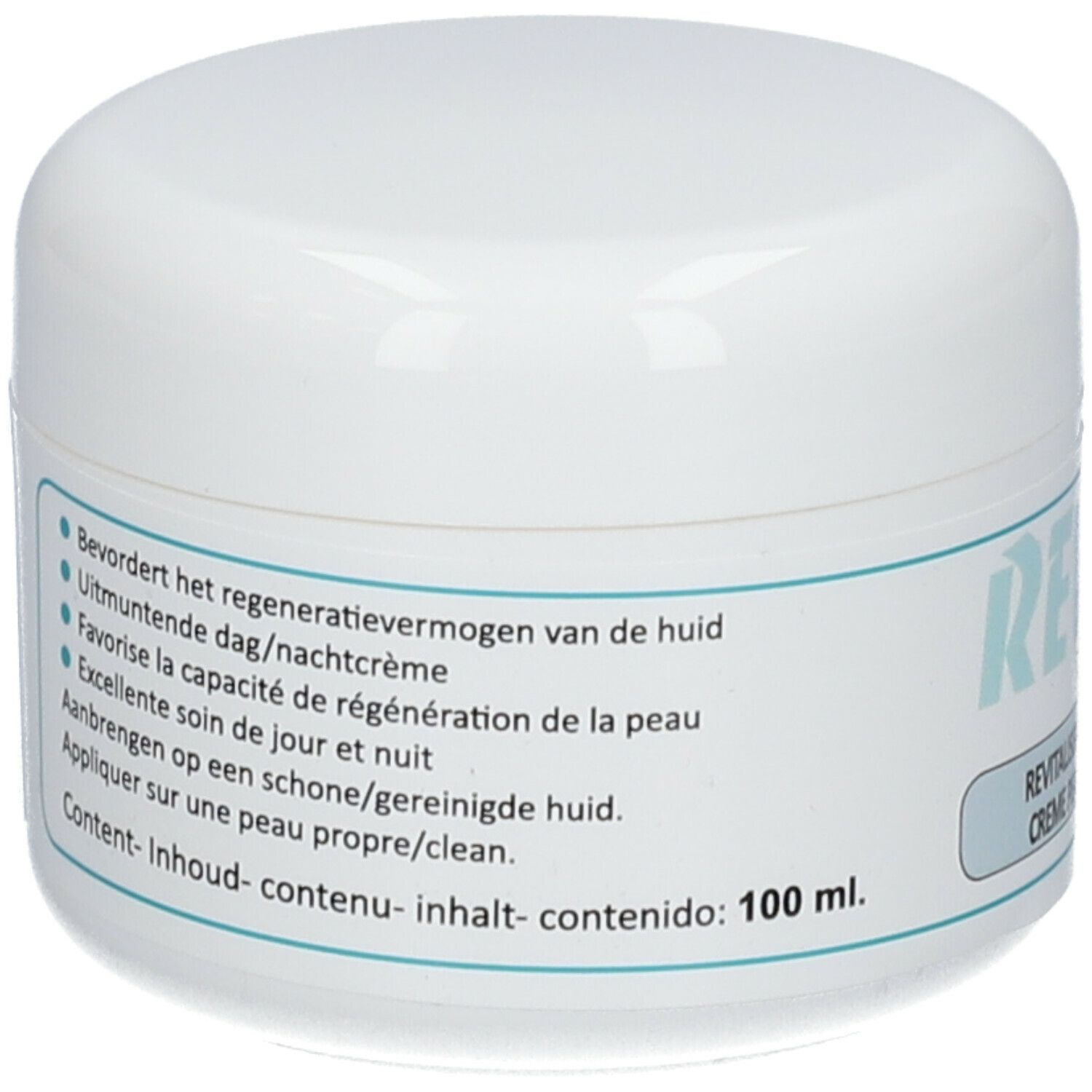 Vasetto di crema bianco con etichetta blu. Testo: Favorisce la rigenerazione, ottima cura. Contenuto: 100 ml.
