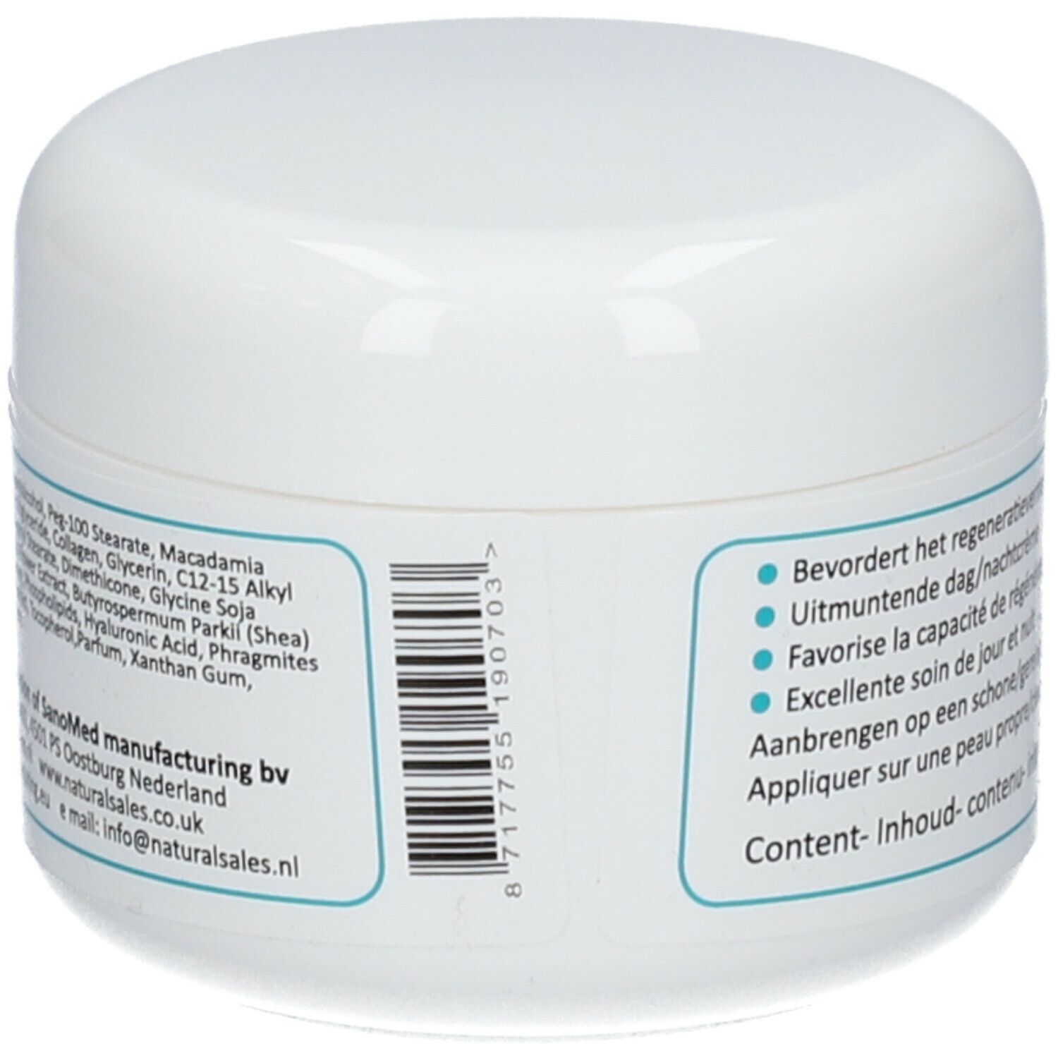 Retro di un vasetto di crema bianco. Etichetta con testo e codice a barre. Informazioni e contatti del produttore.