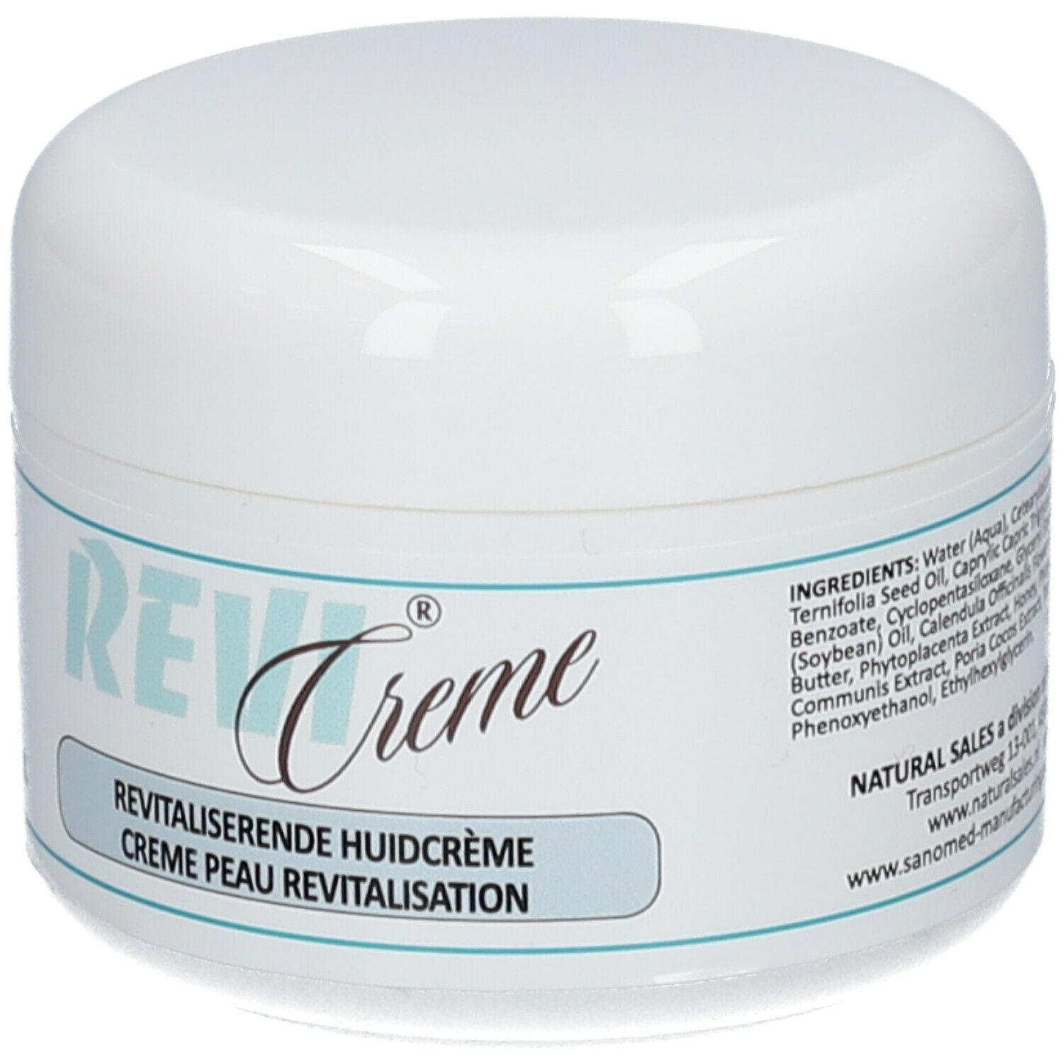Vasetto di crema bianco con etichetta blu. Scritta: REVI Creme, crema rivitalizzante per la pelle. Ingredienti.