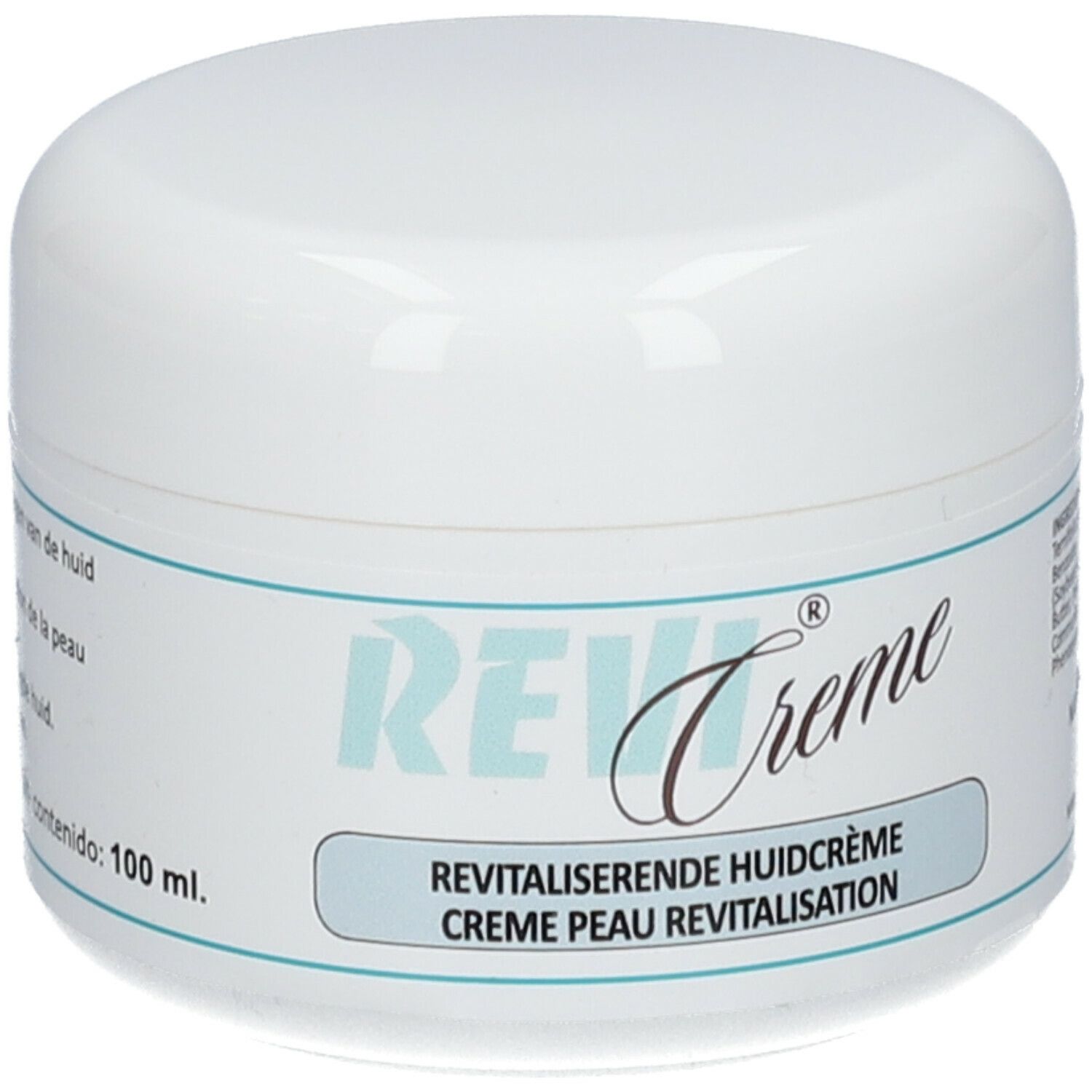 Vasetto di crema bianco con etichetta blu. Scritta: REVI Creme, crema rivitalizzante per la pelle. Contenuto: 100 ml.