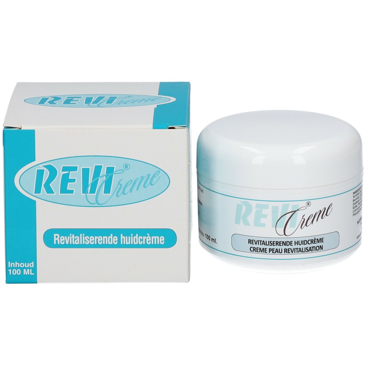 Vasetto di crema bianco e scatola. Scritta: REVI Creme, crema rivitalizzante per la pelle. Contenuto: 100 ml.