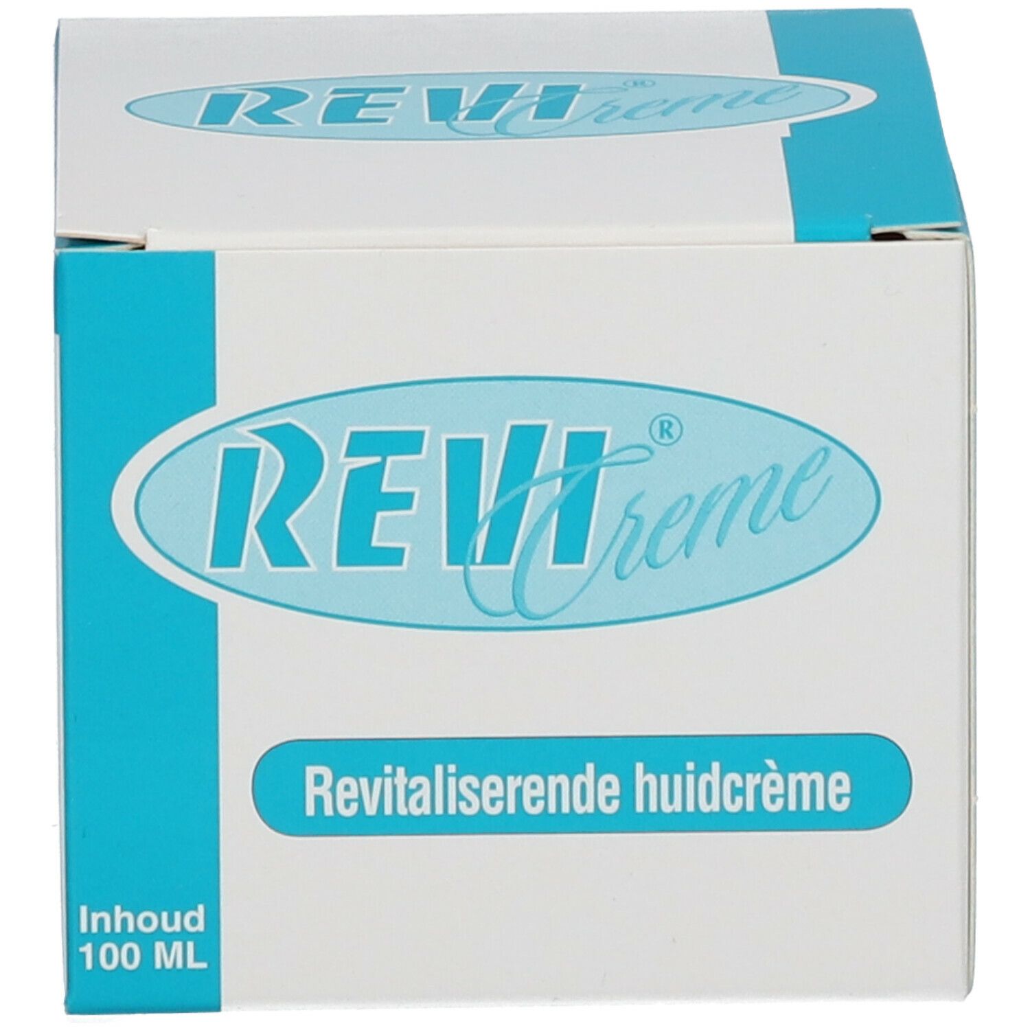 Scatola bianca con design blu. Scritta: REVI Creme, crema rivitalizzante per la pelle. Contenuto: 100 ml.