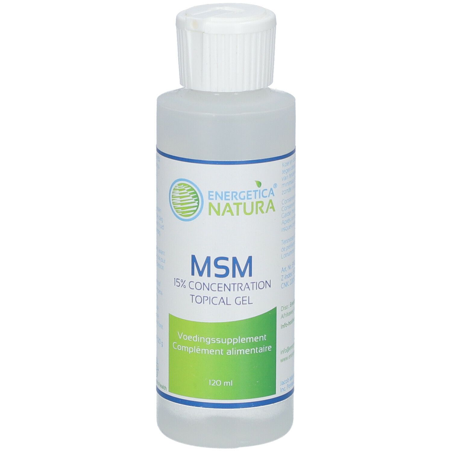 Flacone trasparente con tappo bianco. Scritta: MSM 15% Concentration Topical Gel. Marca: Energetica Natura. Integratore alimentare.