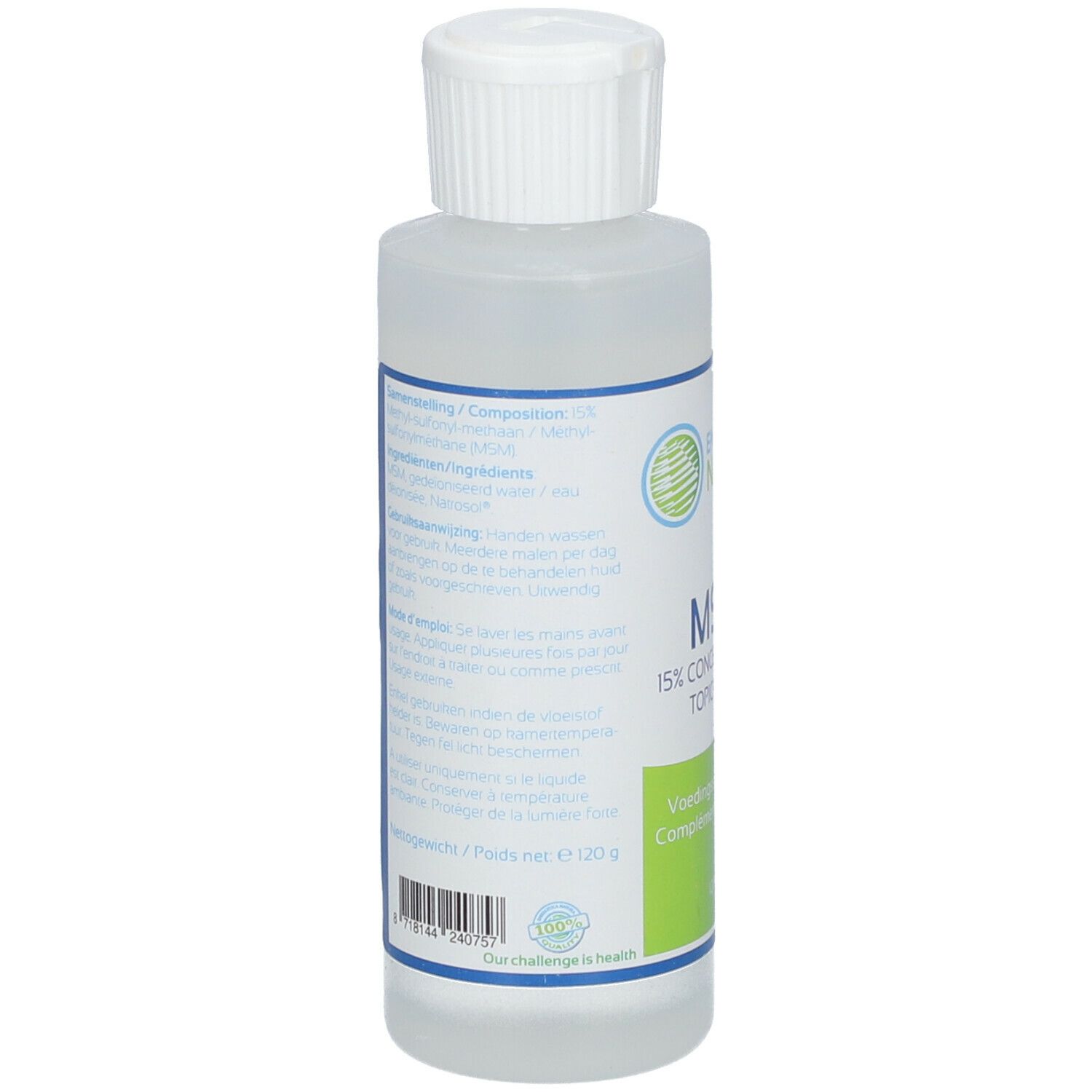 Retro del flacone. Testo multilingue. Marca: Energetica Natura. MSM 15% Concentration Topical Gel. Integratore alimentare. 120 ml.