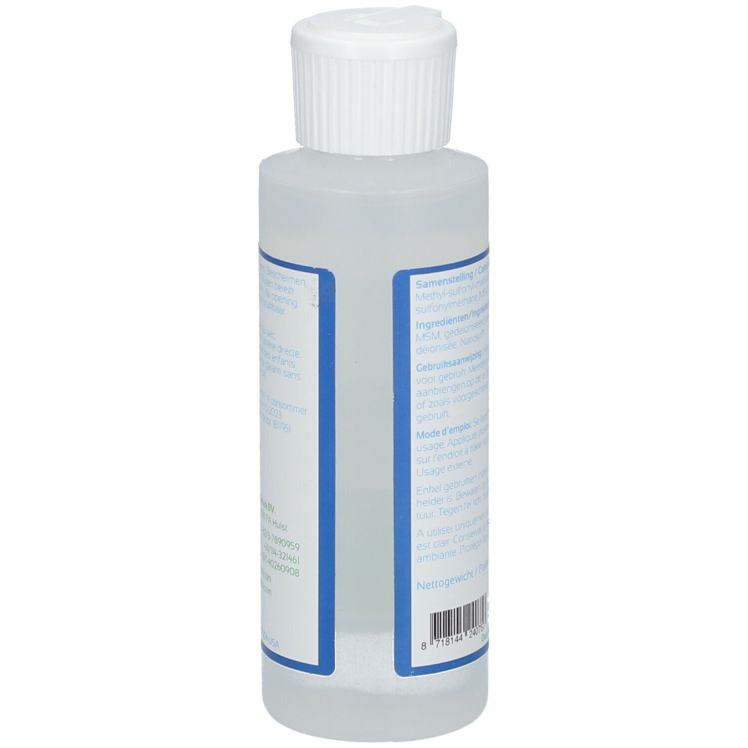 Retro del flacone. Testo multilingue. Marca: Energetica Natura. MSM 15% Concentration Topical Gel. Integratore alimentare. 120 ml.