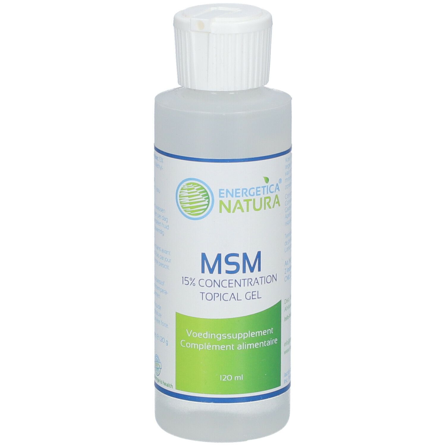 Flacone trasparente con tappo bianco. Scritta: MSM 15% Concentration Topical Gel. Marca: Energetica Natura. Integratore alimentare.