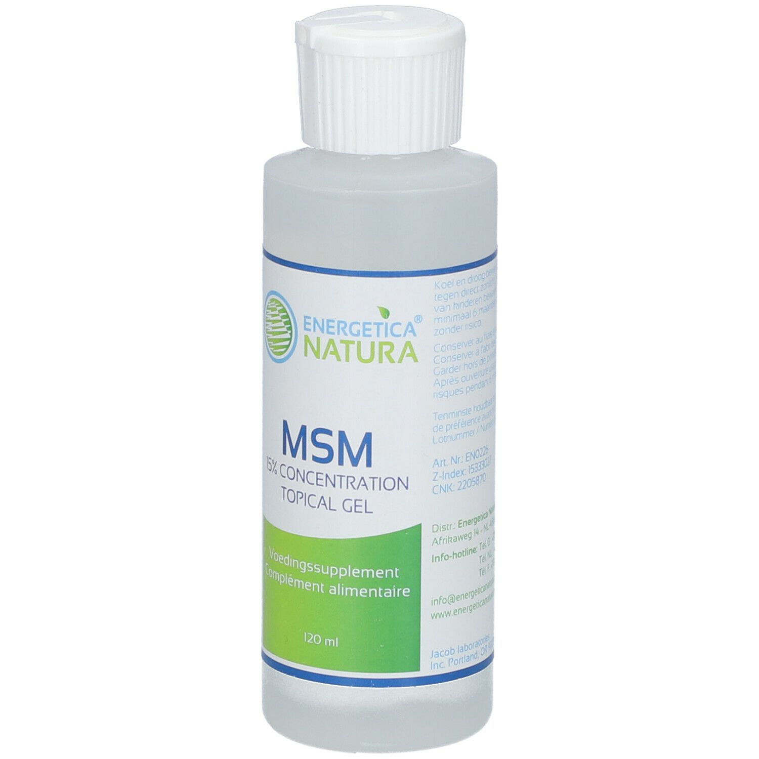 Flacone trasparente con tappo bianco. Scritta: MSM 15% Concentration Topical Gel. Marca: Energetica Natura. Integratore alimentare. 120 ml.
