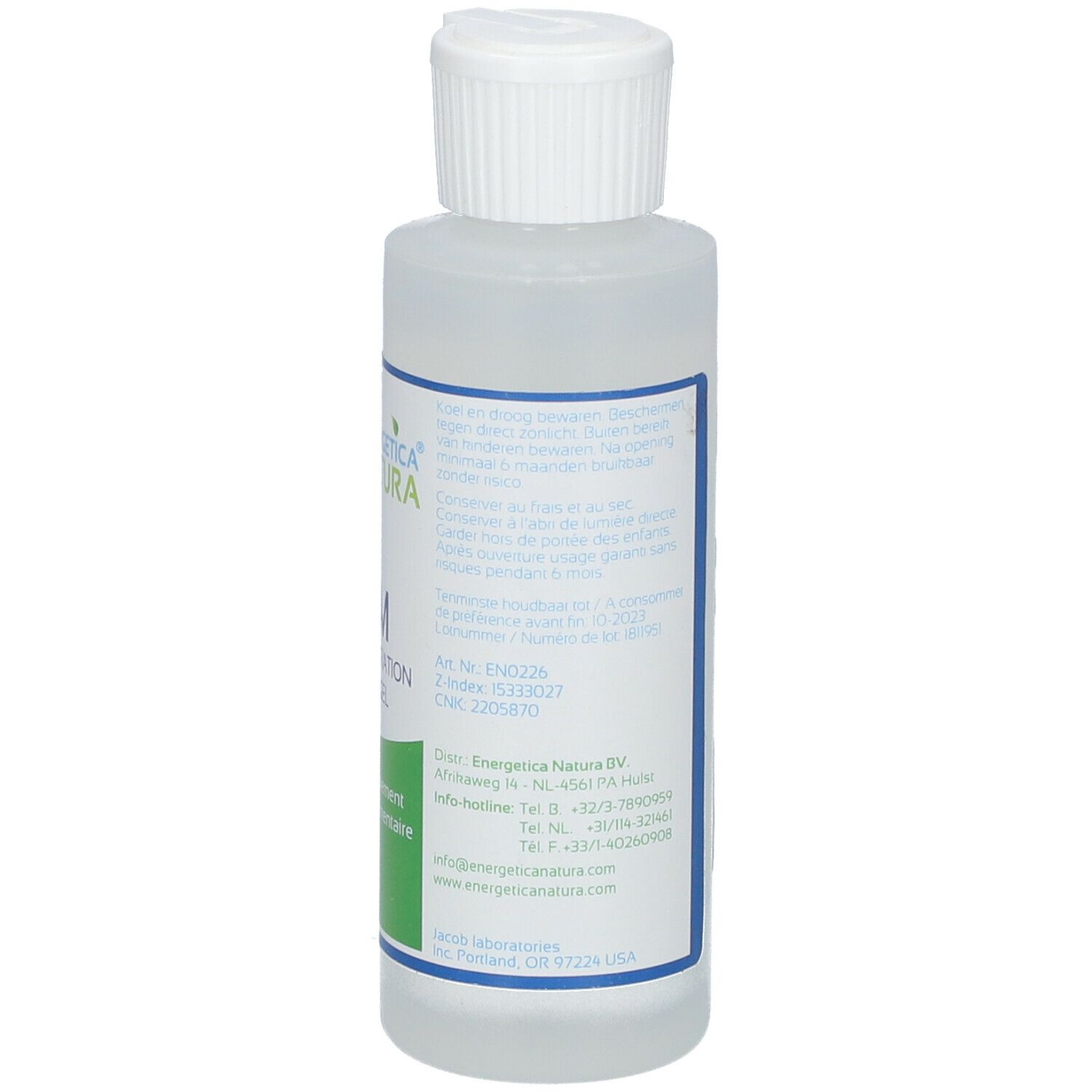Retro del flacone. Testo multilingue. Marca: Energetica Natura. MSM 15% Concentration Topical Gel. Integratore alimentare. 120 ml.