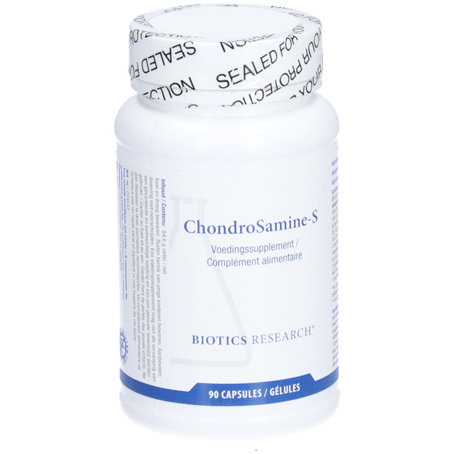 Flacone bianco ChondroSamine-S, 90 capsule. BIOTICS RESEARCH. Tappo con scritta.