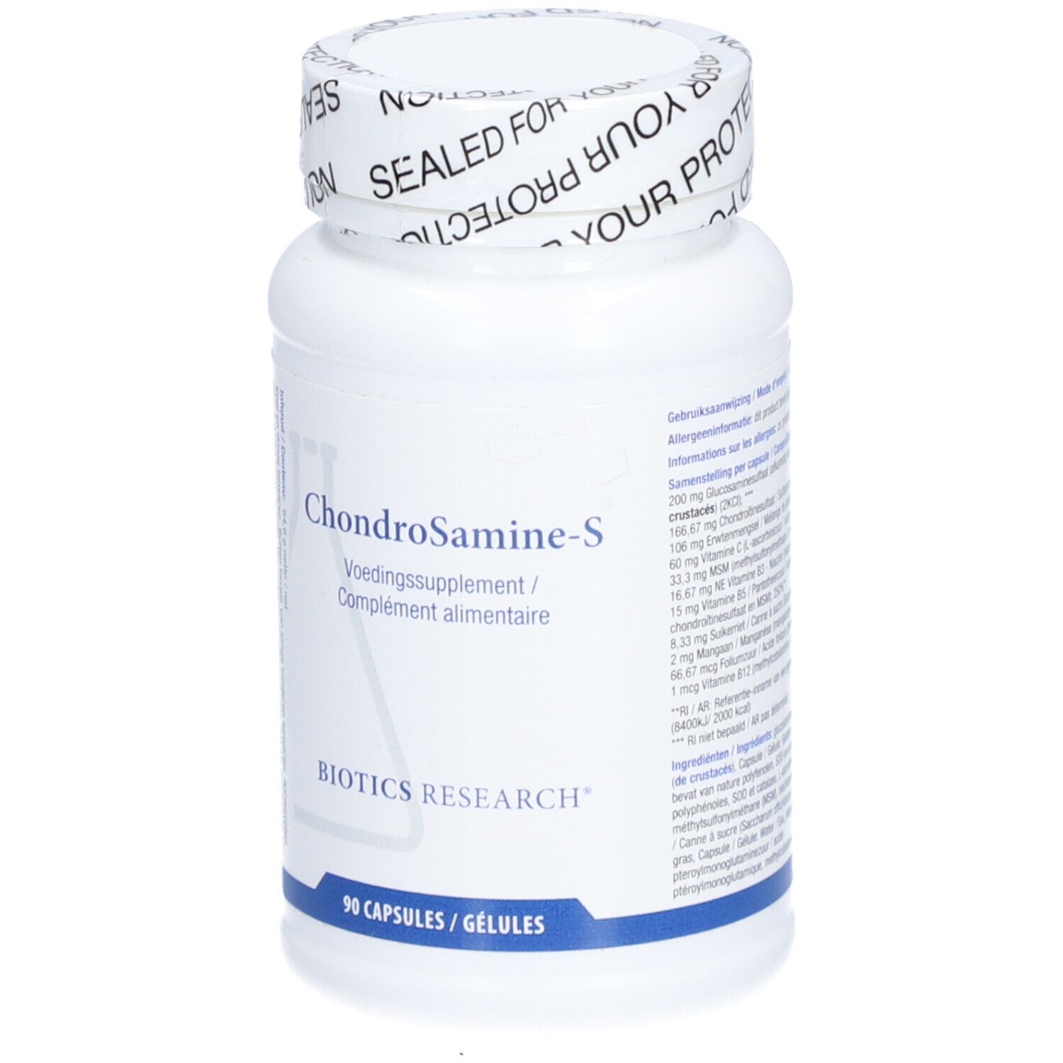 Flacone bianco ChondroSamine-S, 90 capsule. BIOTICS RESEARCH. Tappo con scritta.