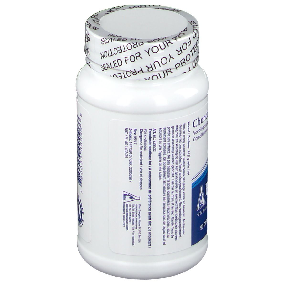 Retro flacone bianco ChondroSamine-S. Testo e loghi. 90 capsule.