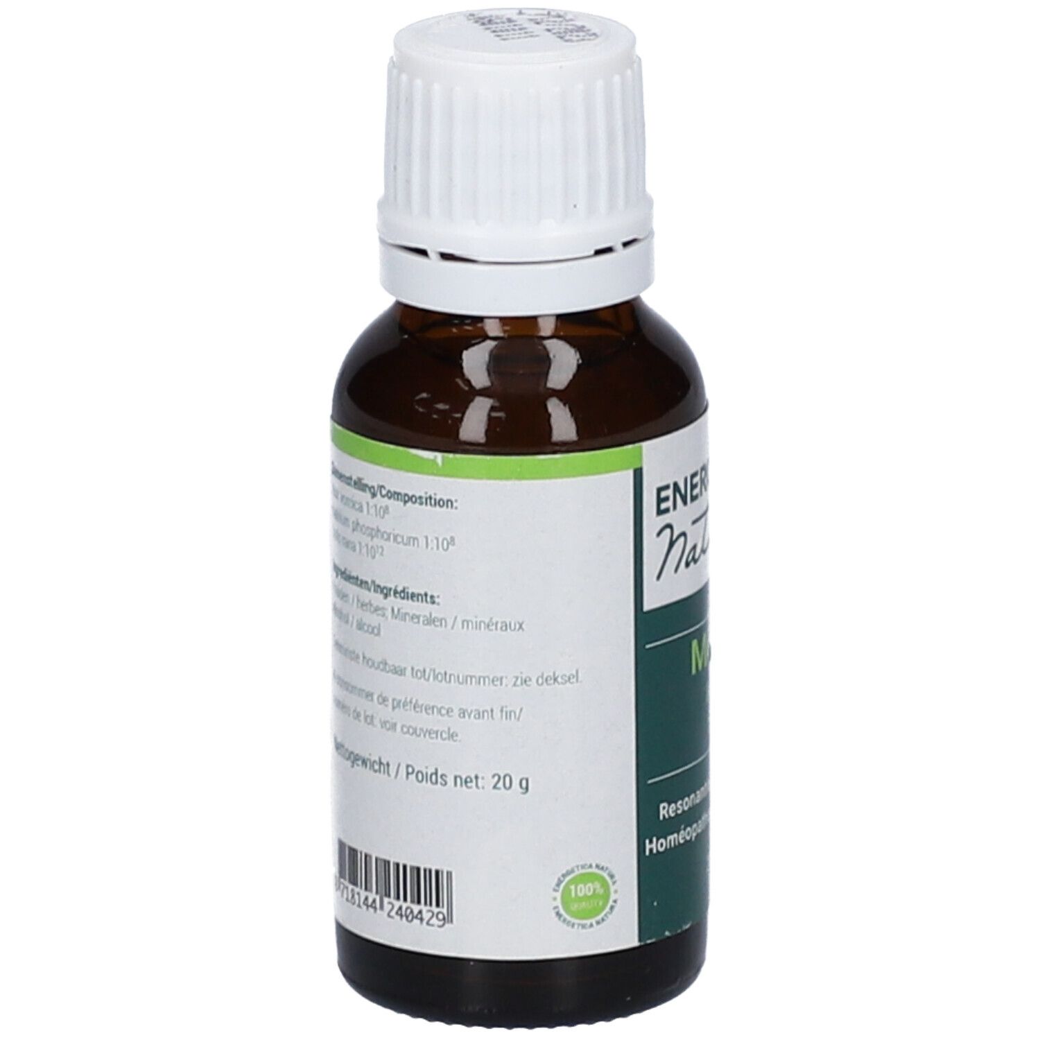 Flacone di vetro marrone con tappo bianco. Etichetta con ingredienti e peso: 20 g. Scritta: ENERGETICA NATURA.