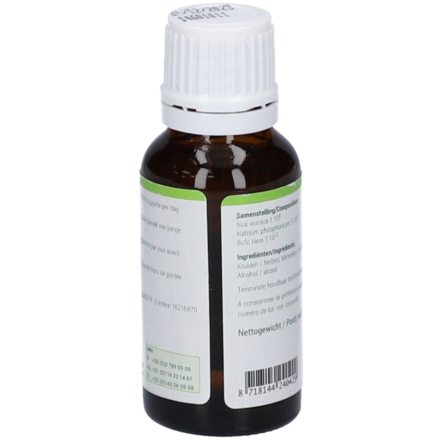 Flacone di vetro marrone con tappo bianco. Etichetta con ingredienti. Scritta: ENERGETICA NATURA.