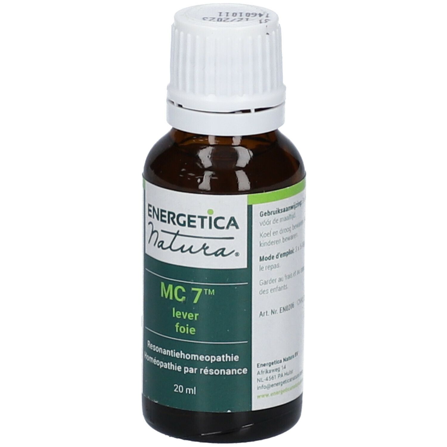 Flacone di vetro marrone con tappo bianco. Scritta: ENERGETICA NATURA, MC 7, lever foie. 20 ml.