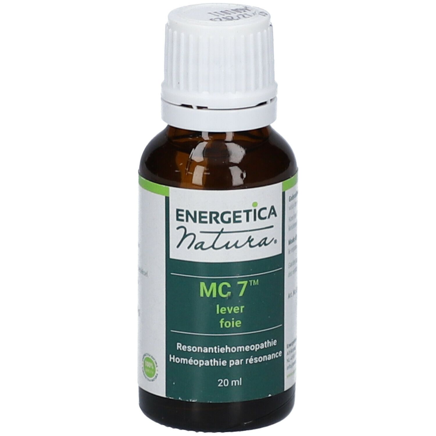 Flacone di vetro marrone con tappo bianco. Etichetta con istruzioni per l'uso. Scritta: ENERGETICA NATURA.