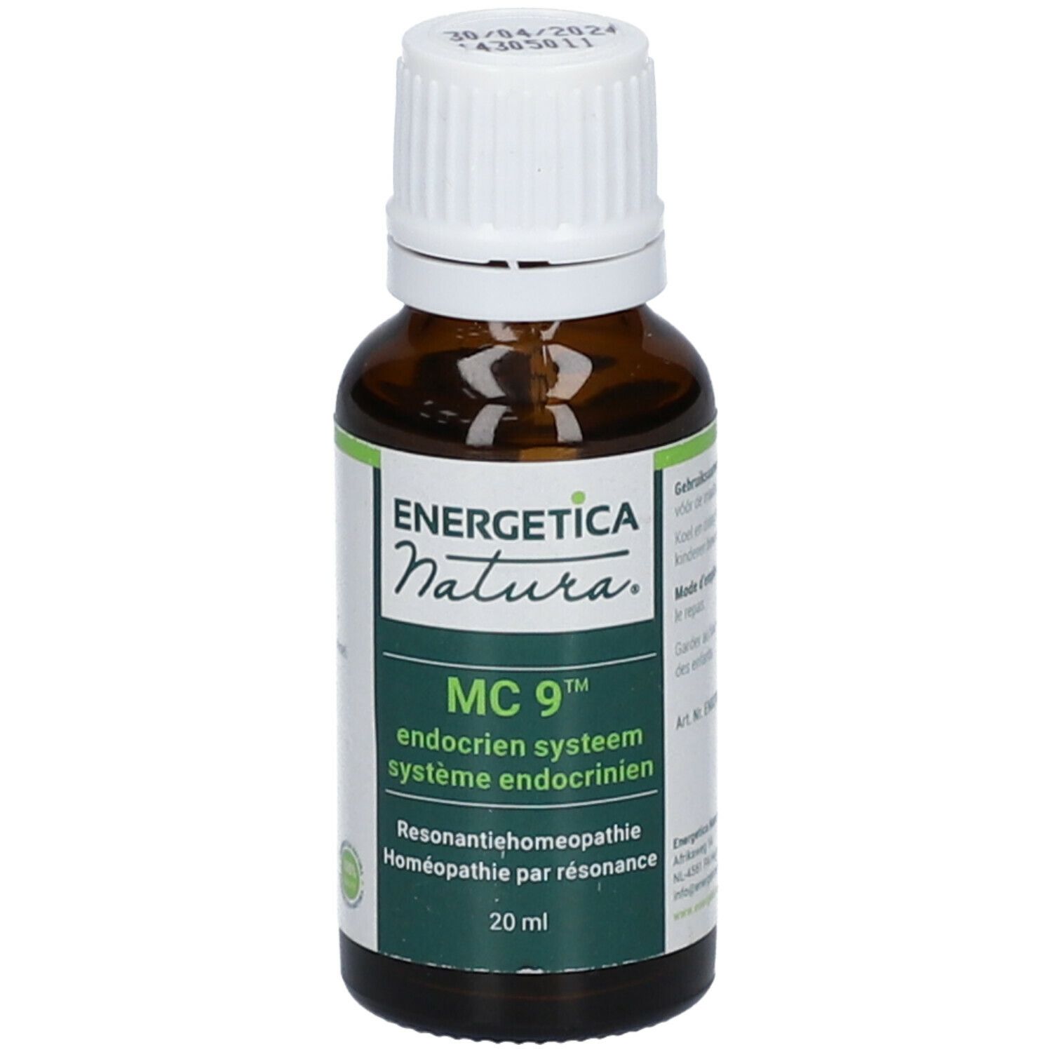 Flacone di vetro marrone con tappo bianco. Etichetta con informazioni sul prodotto e marchio Energetica Natura. MC 9.