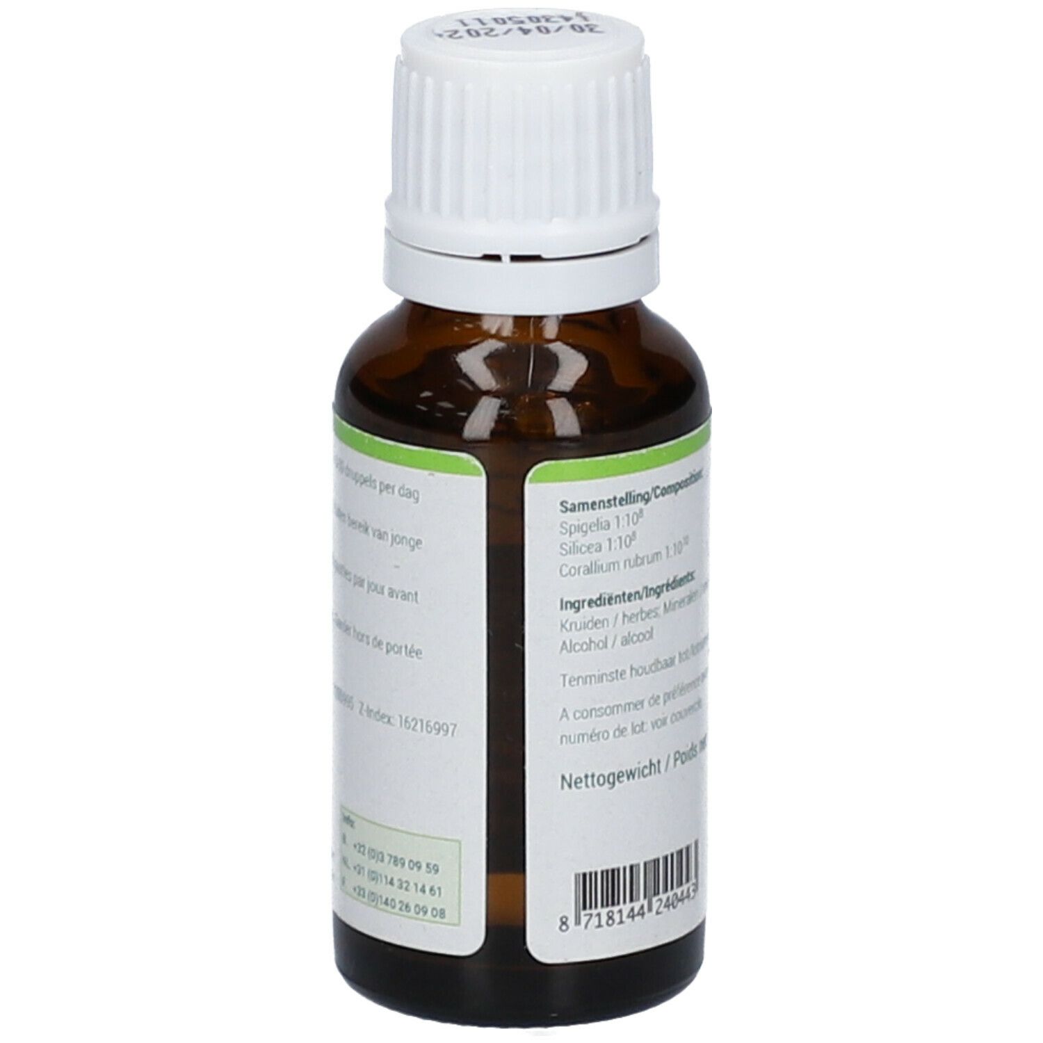 Flacone di vetro marrone con tappo bianco. Etichetta con ingredienti e informazioni sul prodotto. 20 ml.